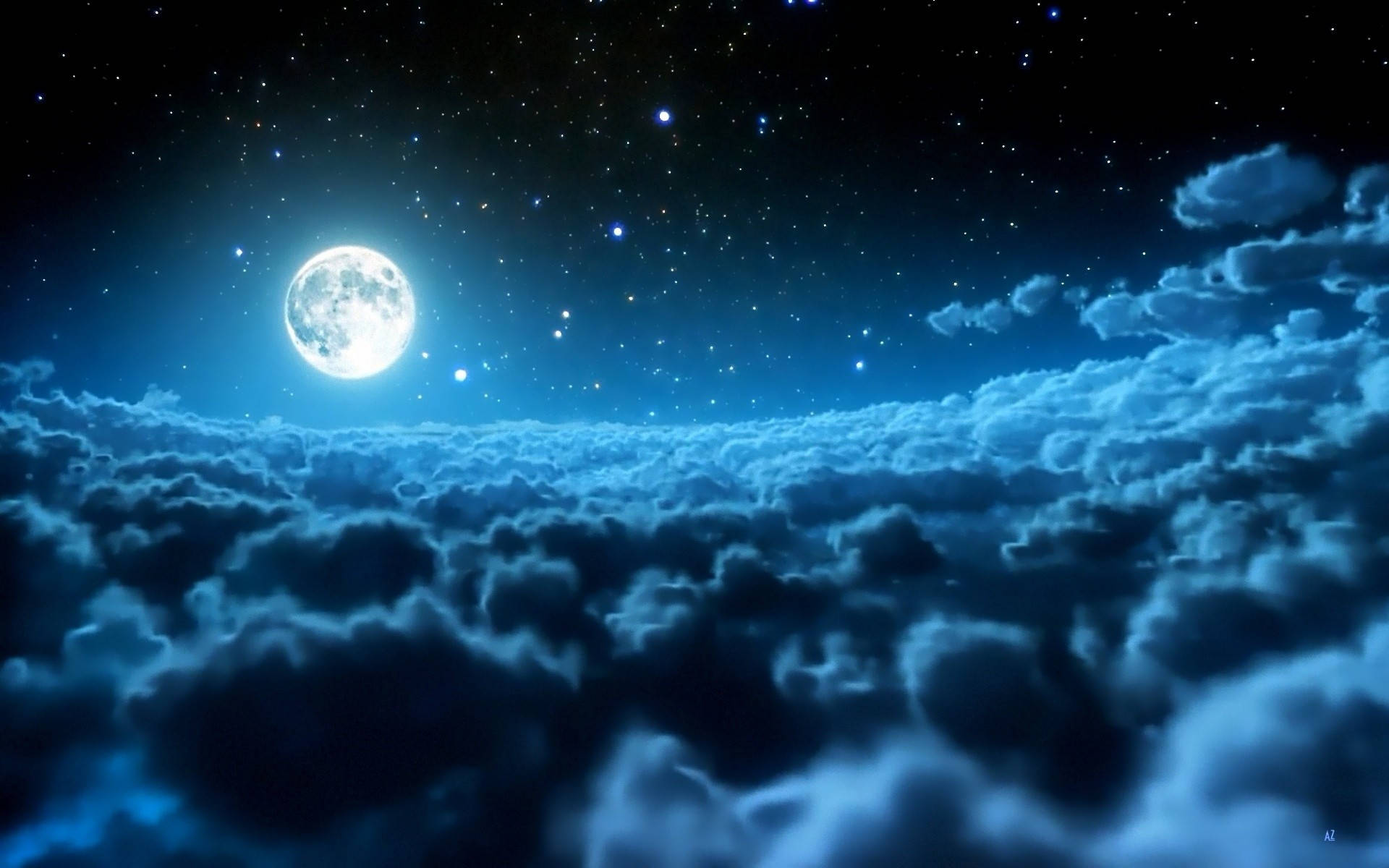 月亮與星星 桌布 壁紙 — 一輪明亮的滿月在繁星點點的夜空下照耀著翻騰的藍色雲海。