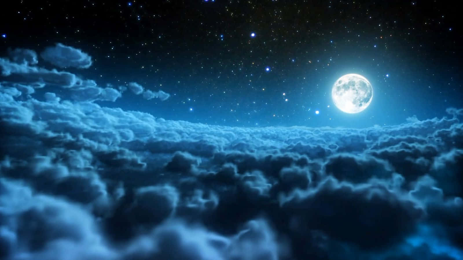 雲朵 桌布 壁紙 — 一輪明亮的滿月在繁星點點的夜空下照耀著一片蓬鬆的雲海。