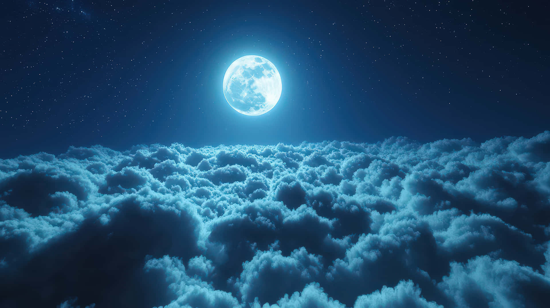 Full Moon Illuminating a Vast Cloudscape Under a Starry Night Sky 壁紙 — 一輪明亮的滿月在繁星點點的夜空下，照耀著一片廣闊的紋理雲海。