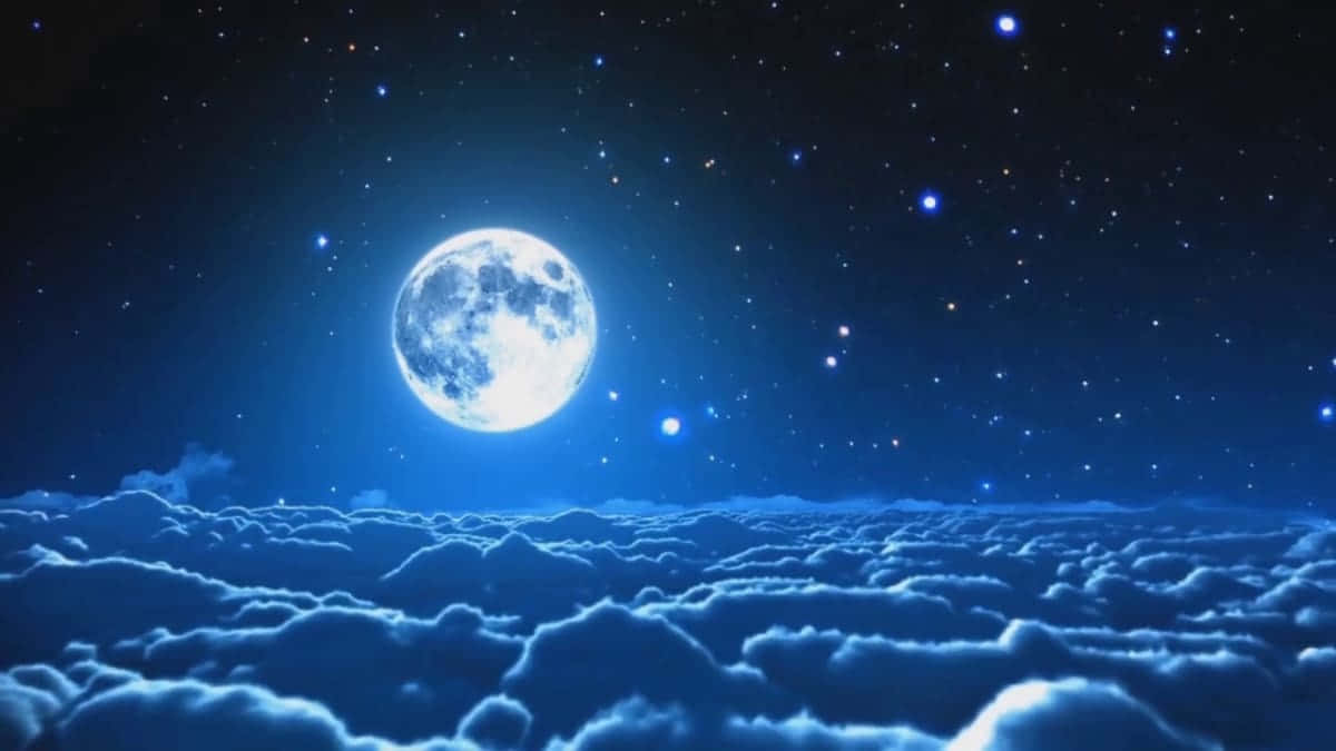 Night Time 桌布 壁紙 — 一輪明亮的滿月在繁星點點的夜空下，照耀著一片蓬鬆的雲海。