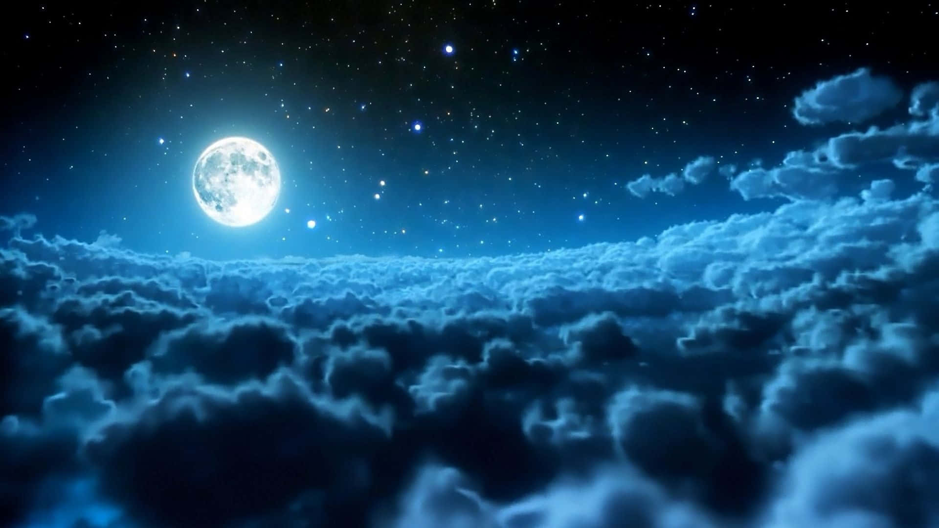 Midnight 桌布 壁紙 — 一輪明亮的滿月在繁星點點的夜空下照耀著一片蓬鬆的藍色雲海。