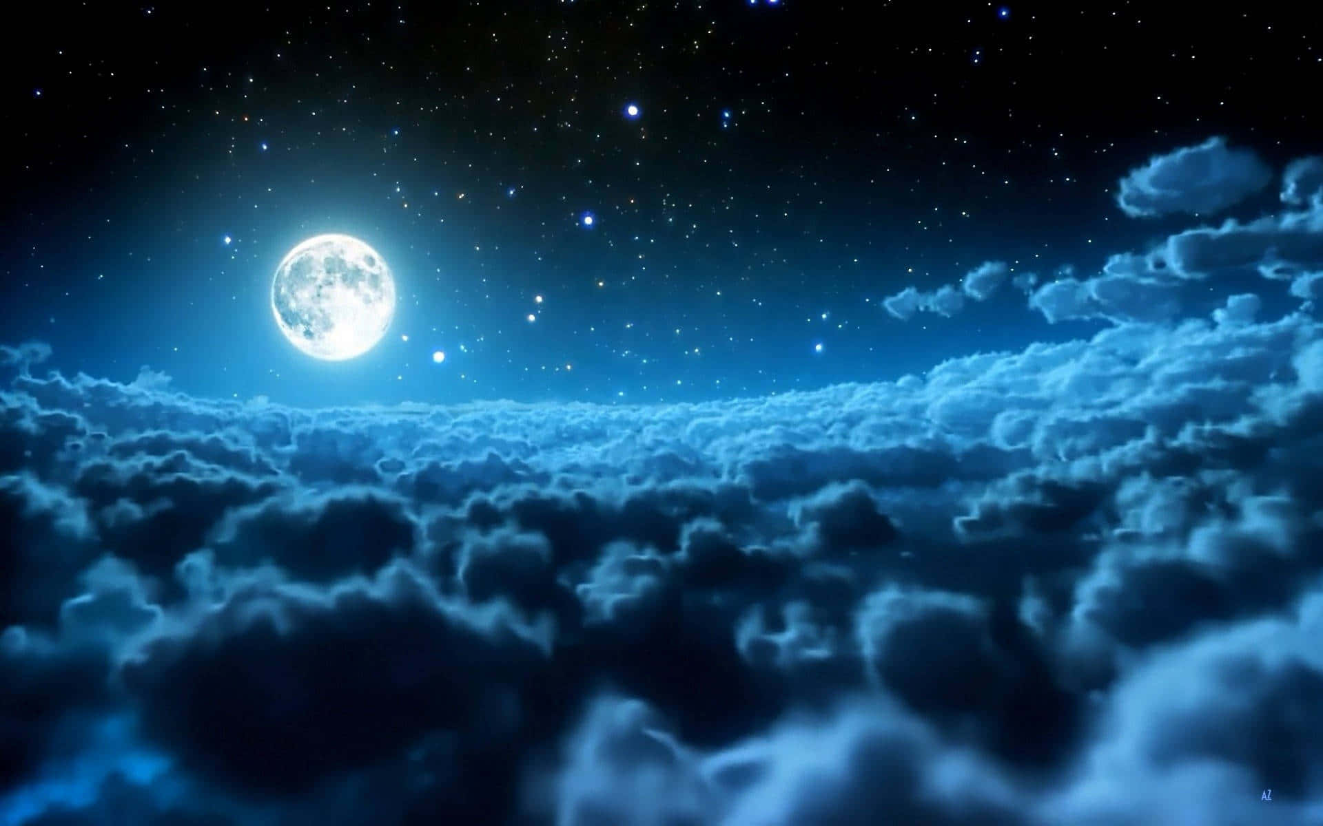Moon And Stars iPhone 桌布 壁紙 — 一輪明亮的滿月在繁星點點的夜空下照耀著翻騰的藍色雲海。