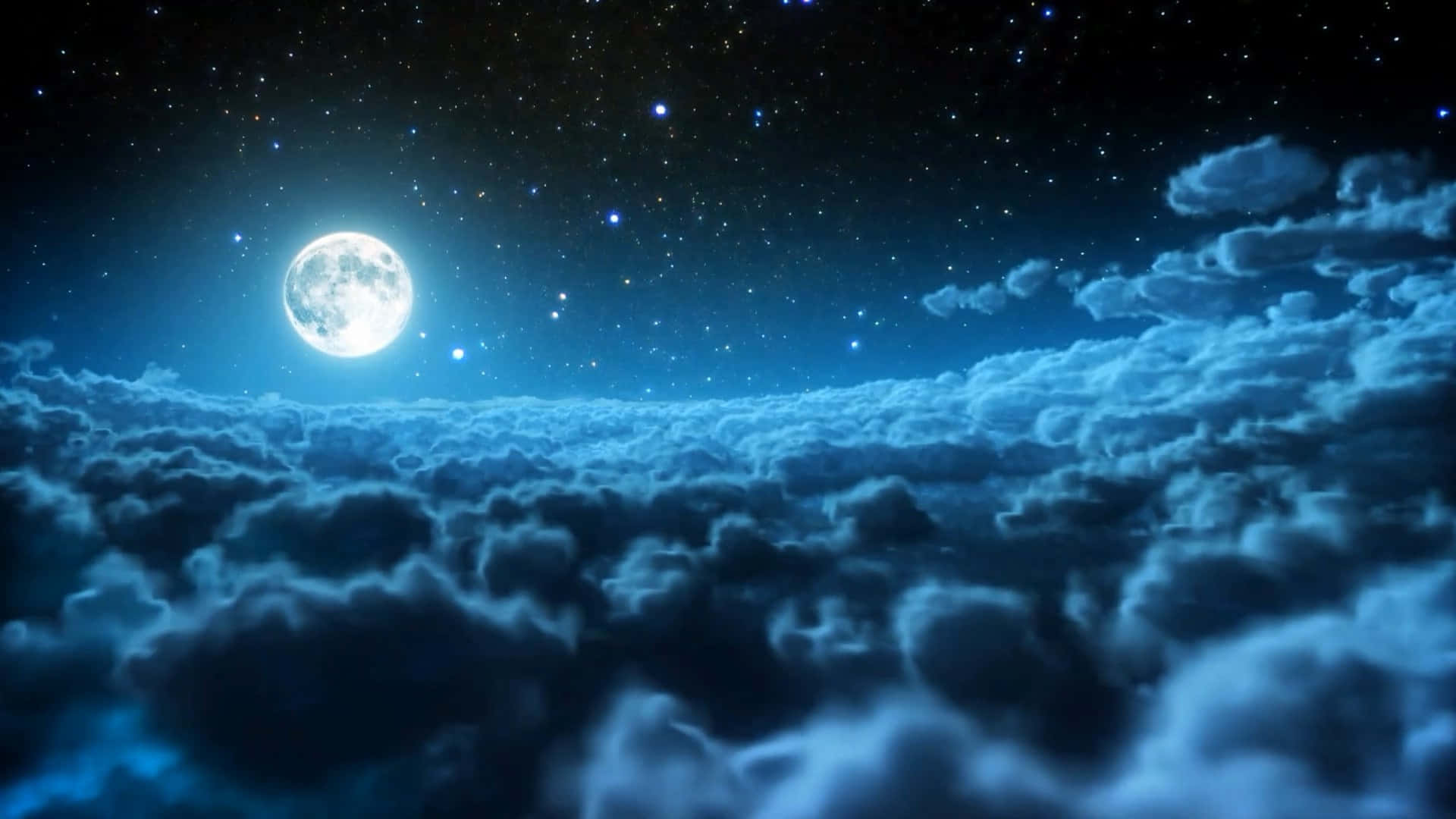 夜空 桌布 壁紙 — 一輪明亮的滿月在繁星點點的夜空下照耀著廣闊的發光藍色雲海。