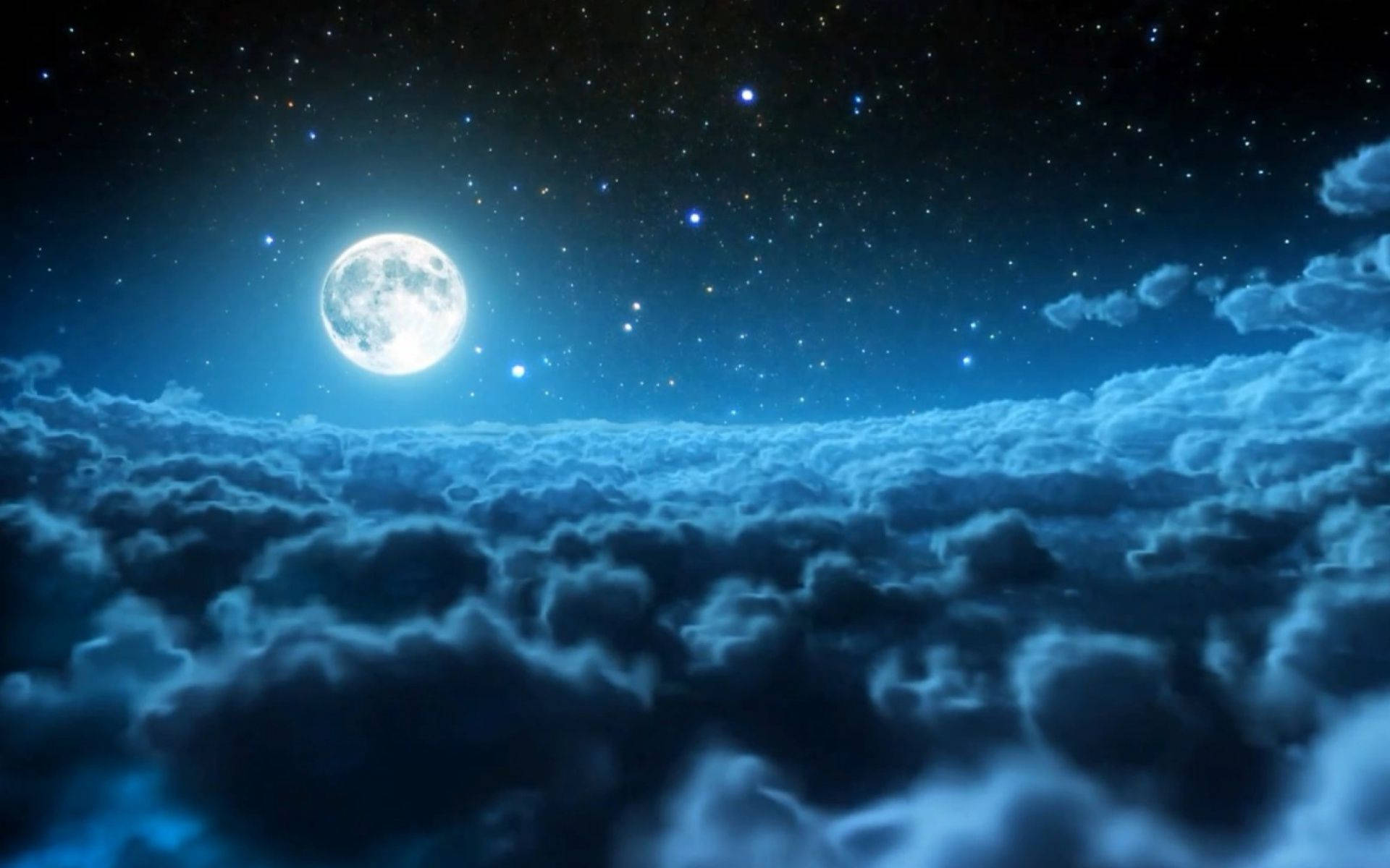 夜空 桌布 壁紙 — 一輪明亮的滿月在繁星點點的夜空下照耀在翻騰的藍色雲海之上。