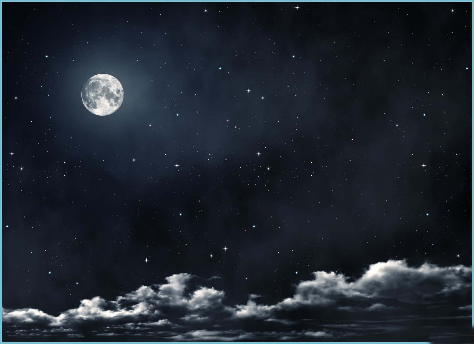 月光 桌布 壁紙 — 一輪明亮的滿月在繁星點點的夜空中發光，下方飄著縷縷薄雲。