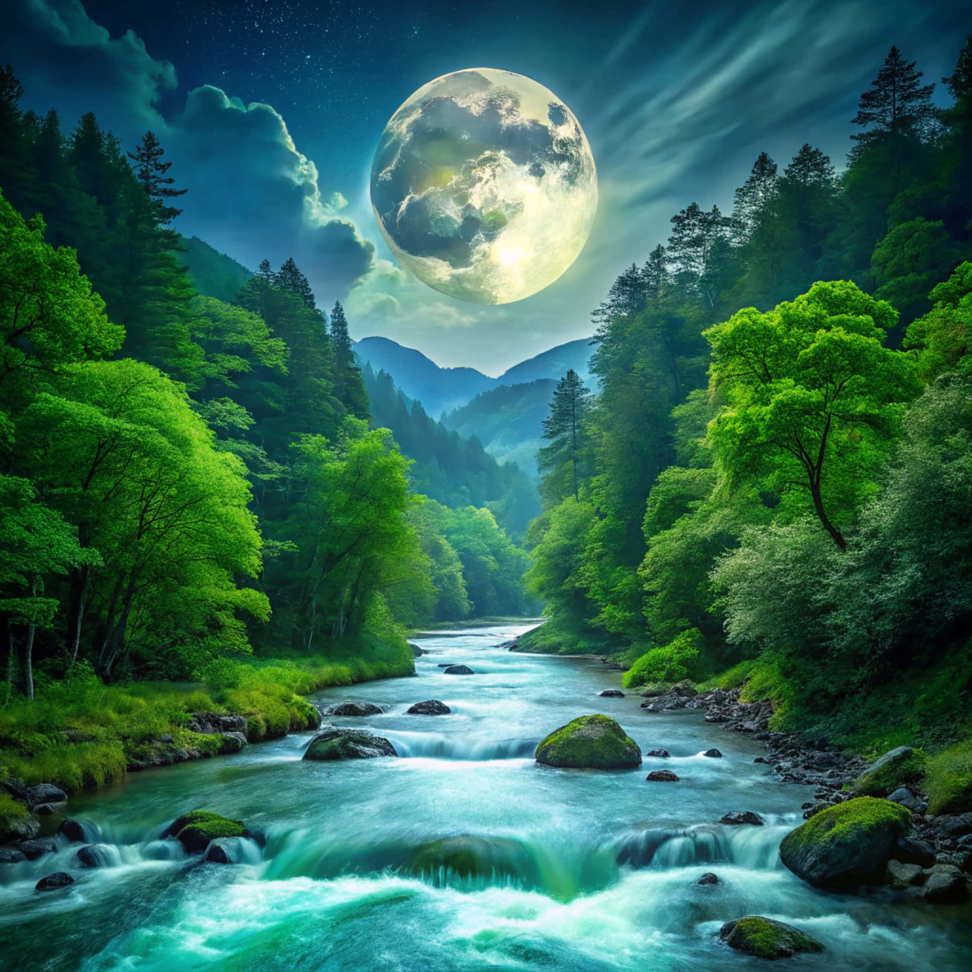 River flowing with a moon 壁紙 — 一輪明亮的滿月懸掛在奔騰的綠松石河流之上，河流蜿蜒穿過茂密的綠色森林，星空璀璨。