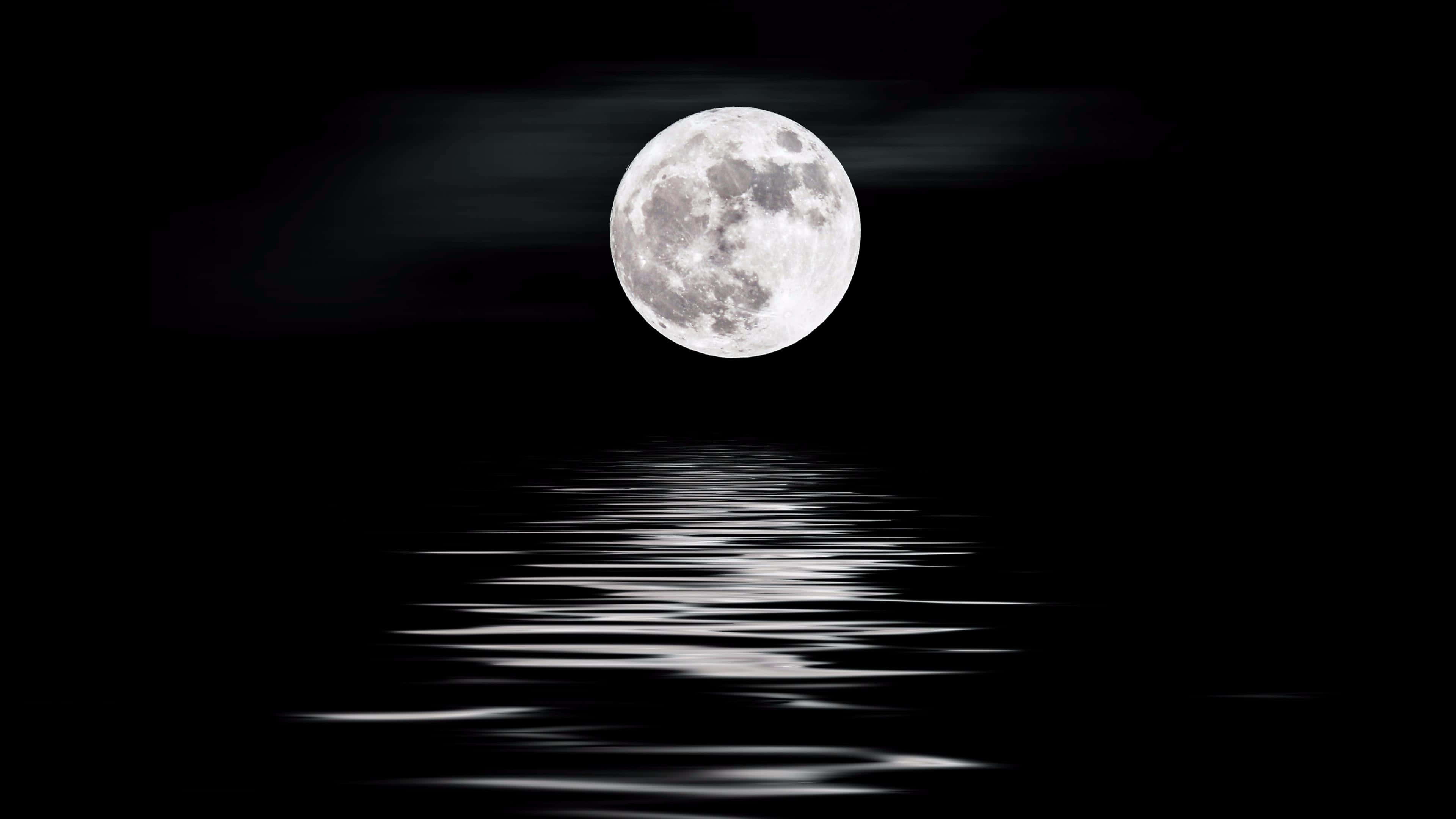 Moonlight 桌布 壁紙 — 一輪明亮的滿月懸掛在黑暗的水面上，在黑色的天空下投射出漣漪般的銀色倒影。