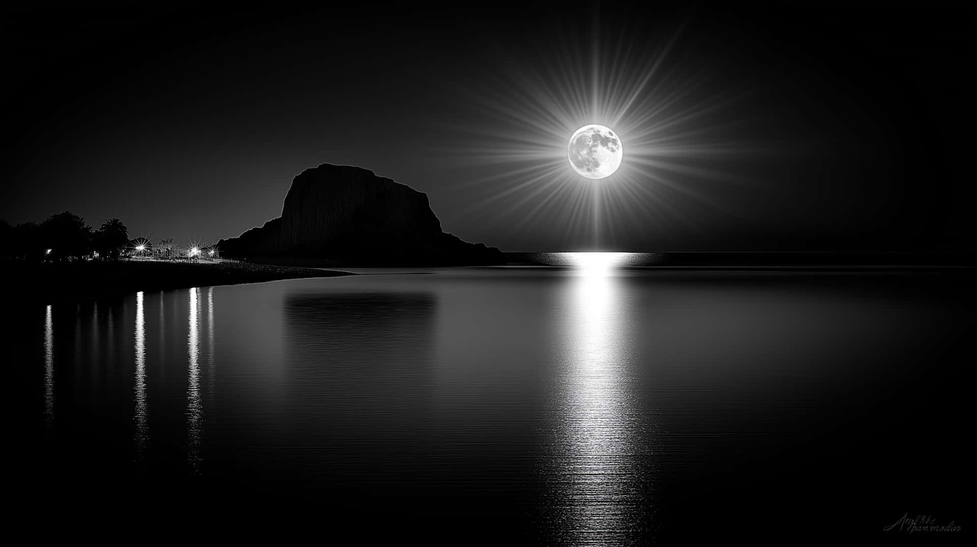 Radiant Full Moon Over Dark Waters and Distant Land 壁紙 — 一輪明亮的滿月散發出星芒，照耀在平靜的黑白湖面上，湖中有岩石剪影和遠處的燈光。
