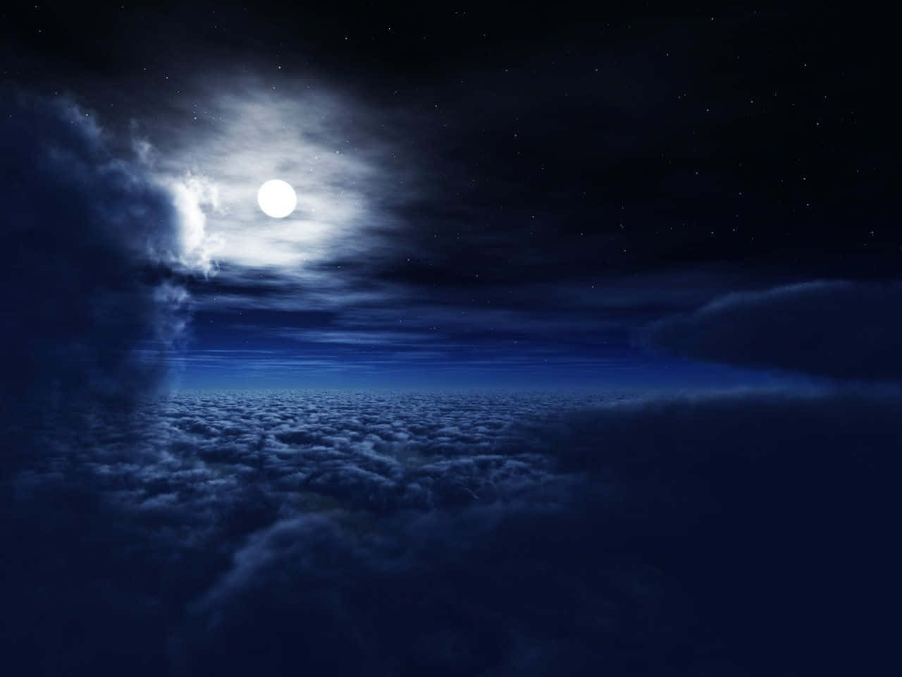 Midnight 桌布 壁紙 — 一輪明亮的滿月穿透漩渦狀的雲層，照耀在星夜下無盡的蓬鬆藍白雲海之上。