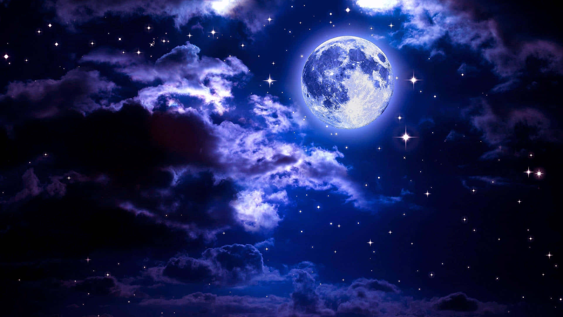 Ethereal 桌布 壁紙 — 一輪明亮的滿月穿過旋轉的紫色雲層，在繁星點點的夜空下閃耀。