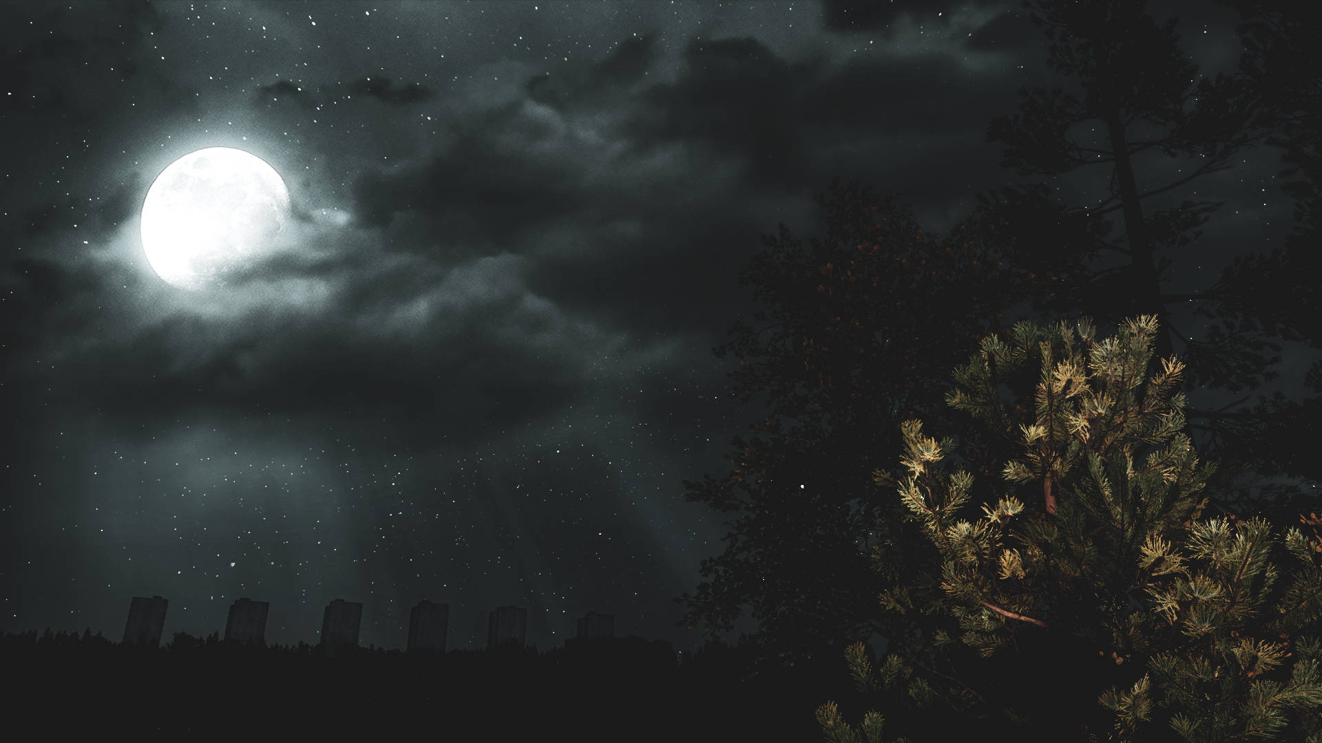 DayZ 桌布 壁紙 — 一輪明亮的滿月穿過烏雲，照耀在剪影般的墓地和松樹之上，星空夜幕之下。