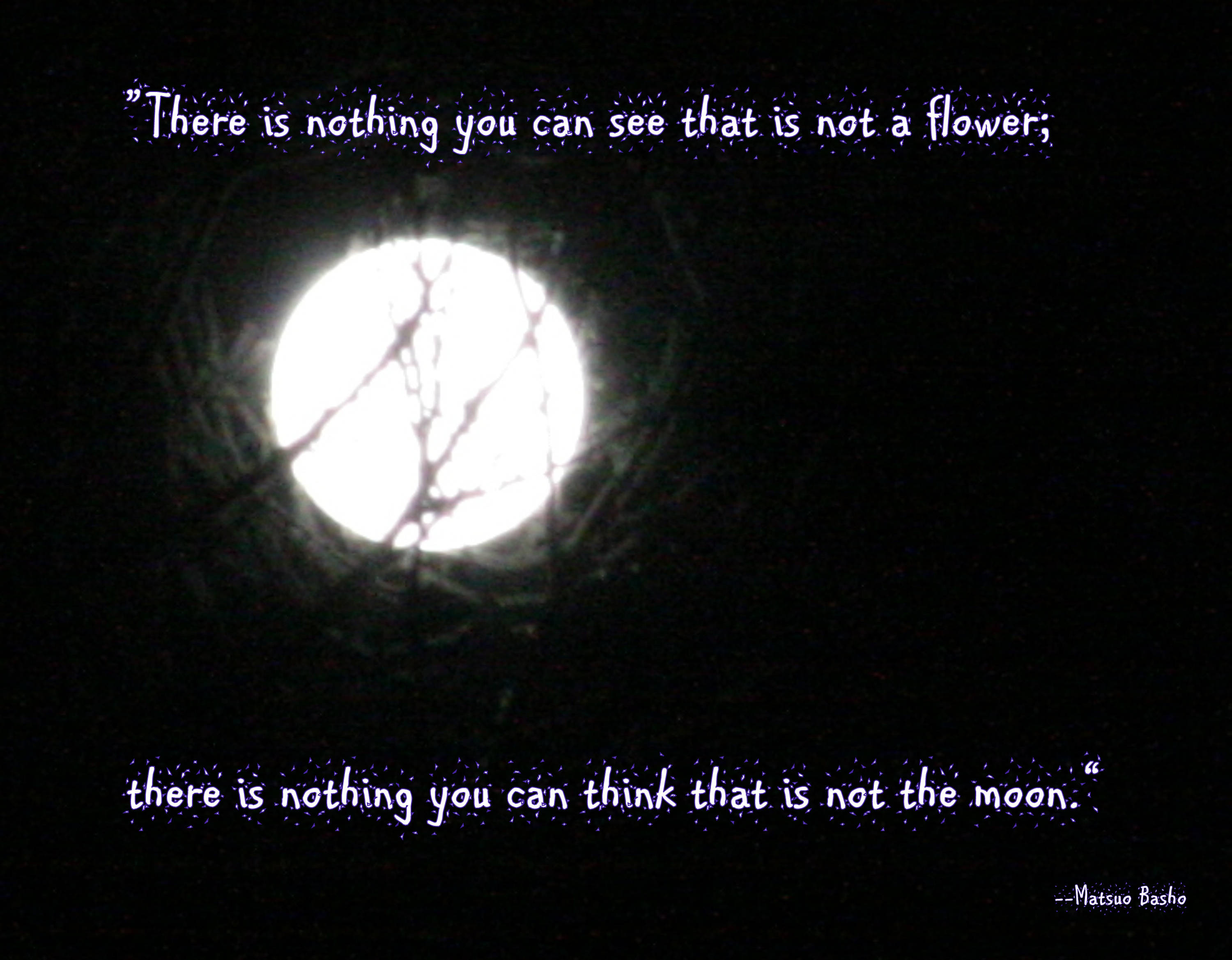 moon quotes 桌布 壁紙 — 一輪明亮的滿月穿過黑暗的樹枝剪影，映襯著黑色的夜空，並覆蓋著一句詩意的名言。