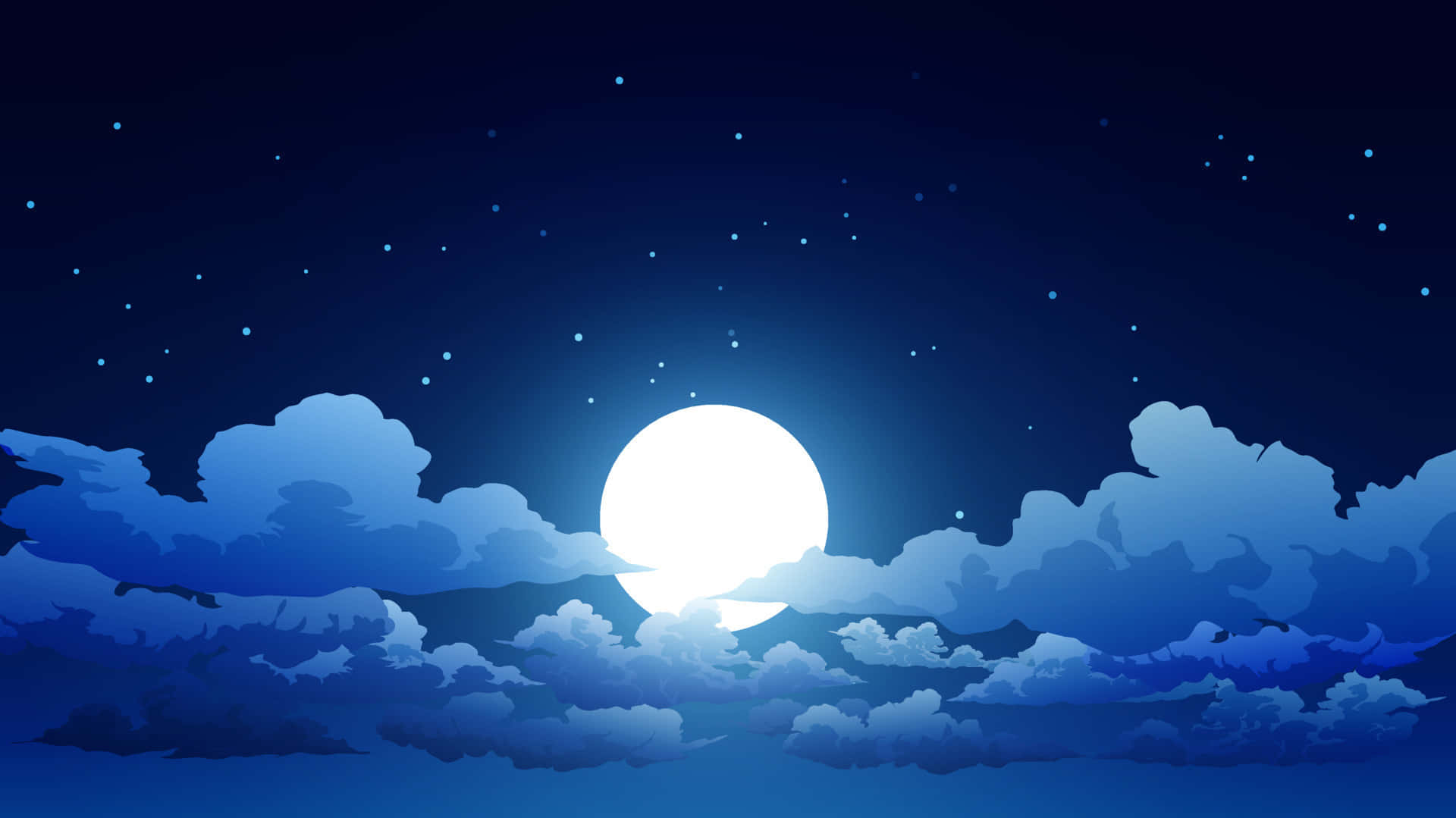 動畫 桌布 壁紙 — 一輪明亮的滿月透過柔和的藍色雲層，在繁星點點的夜空下閃耀。