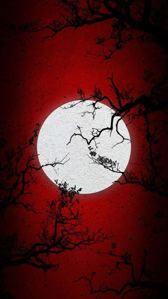 Vampire Aesthetic 桌布 壁紙 — 一輪明亮的白色滿月在深紅色的天空中發光，被錯綜複雜的黑色樹枝框住。