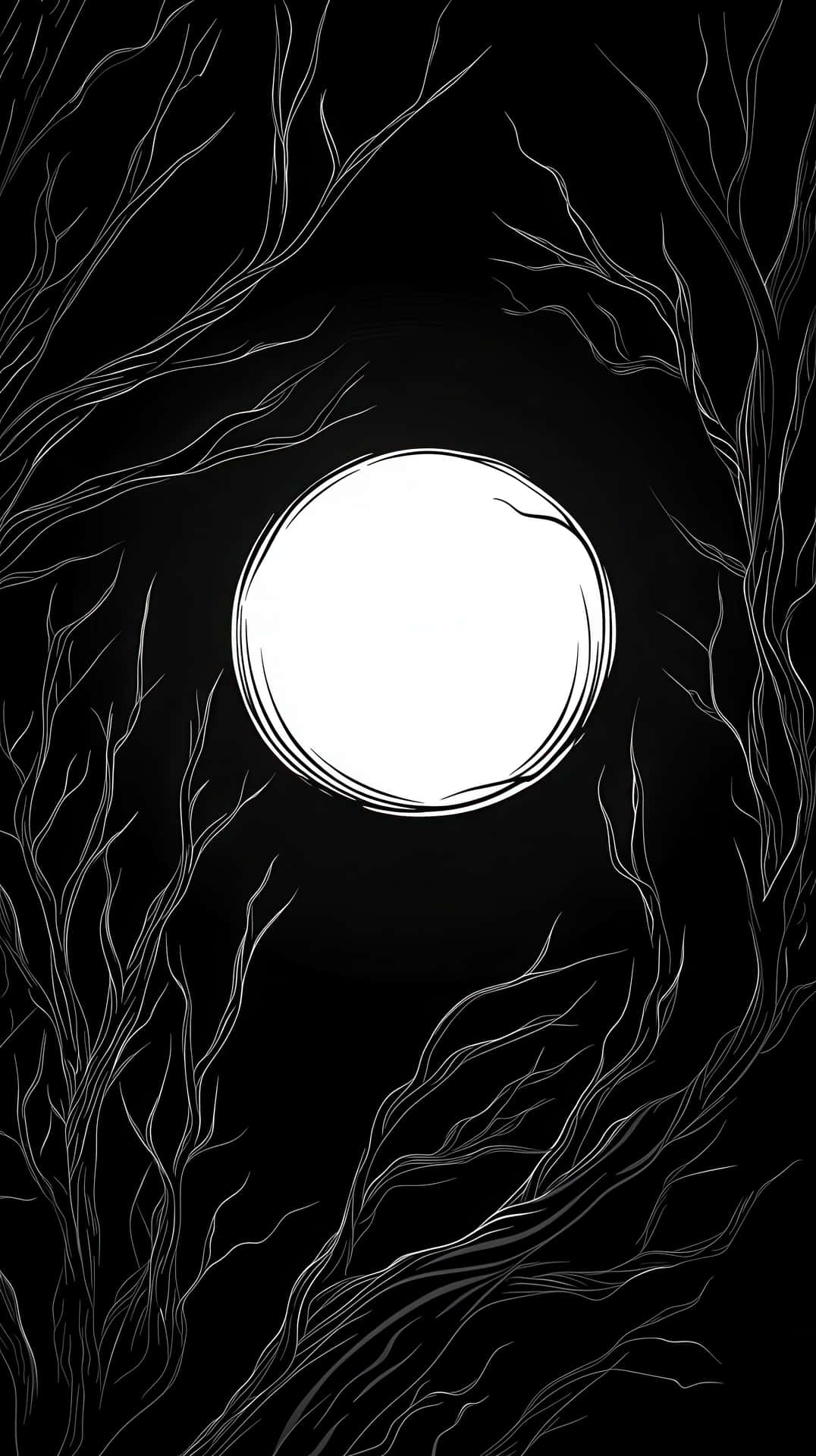 Minimalist Black and White Illustration of a Full Moon with Bare Trees 壁紙 — 一輪明亮的白色滿月穿過密集的裸露、扭曲的樹枝網絡，在黑色背景上發光。