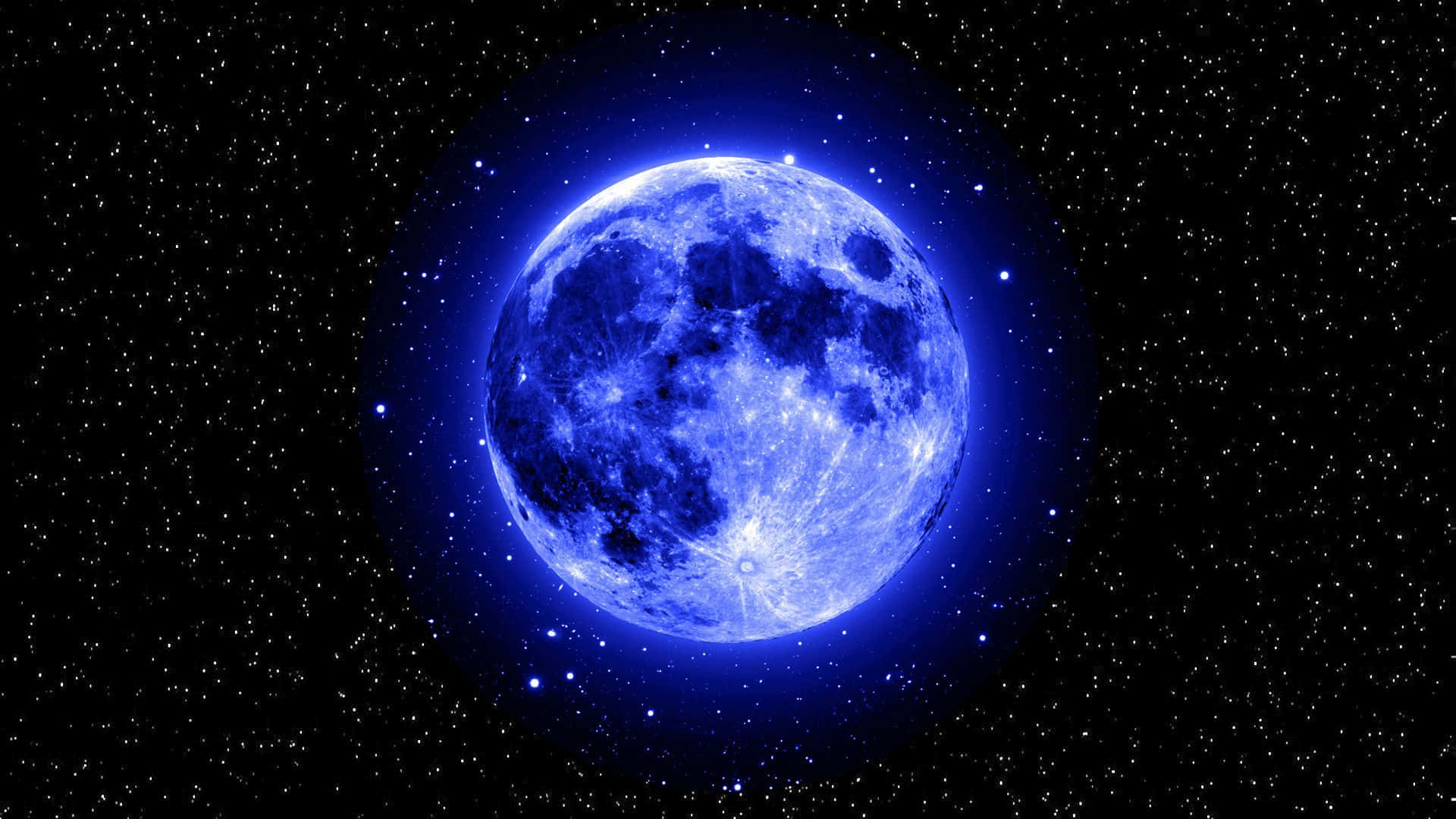 Pretty Moon 桌布 壁紙 — 一輪明亮的藍月在星空背景下發光，光芒四射，散發著天體般的光環。