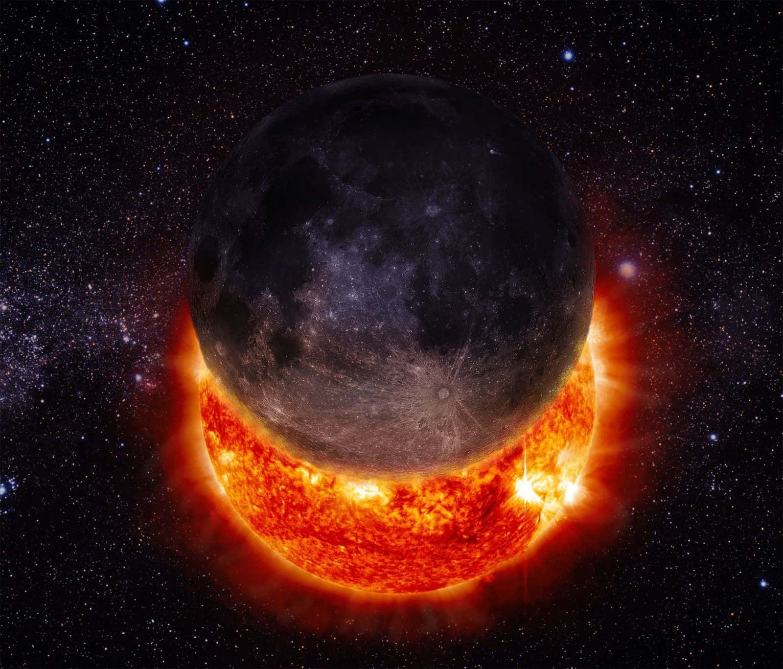 宇宙 桌布 壁紙 — 一輪暗月遮蔽了熾熱的太陽，背景是星光燦爛的宇宙，伴隨著發光的太陽耀斑。