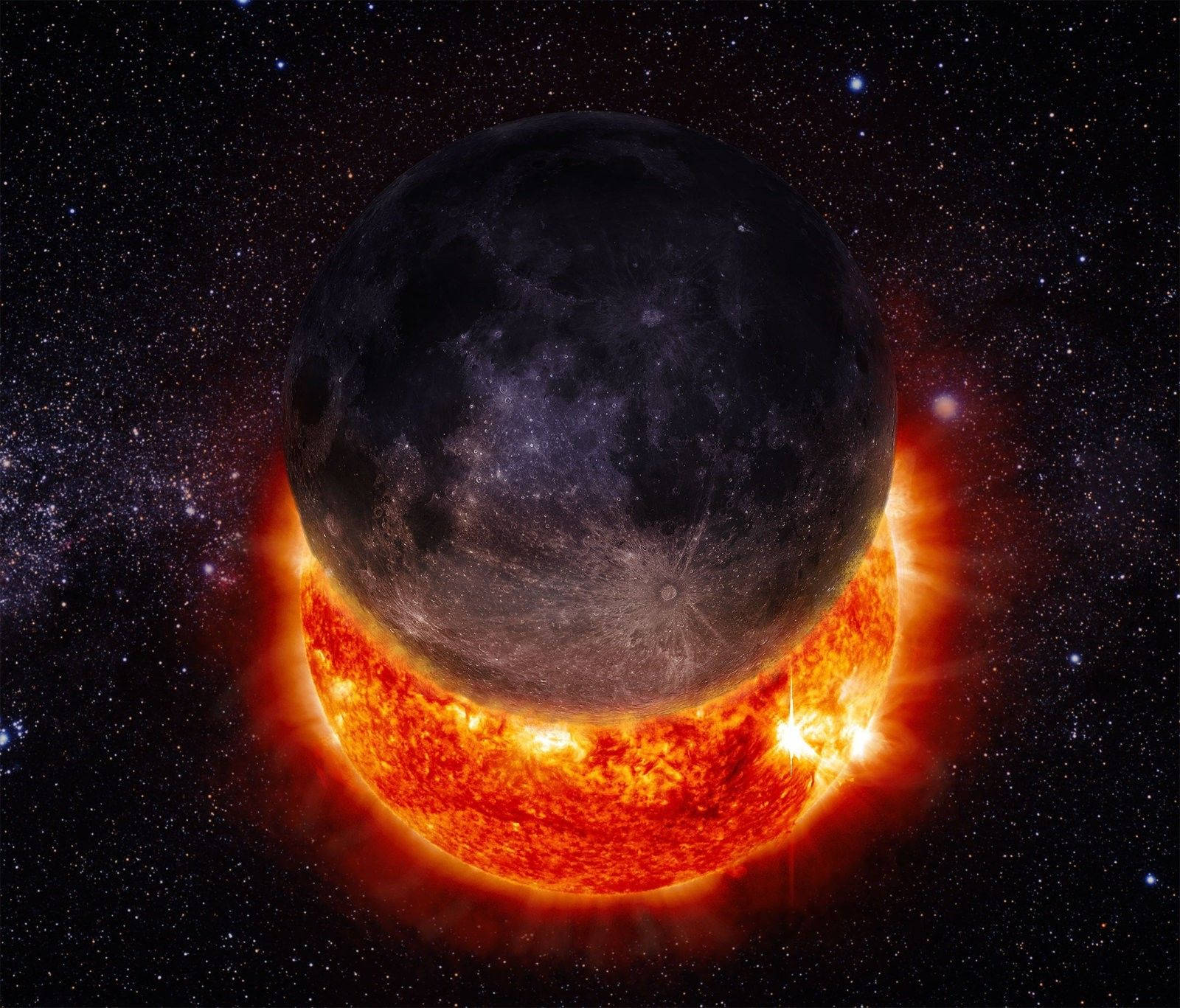 Eclipse 桌布 壁紙 — 一輪暗月遮蔽熾熱的太陽，背景是星光燦爛的宇宙，伴隨發光的太陽耀斑。