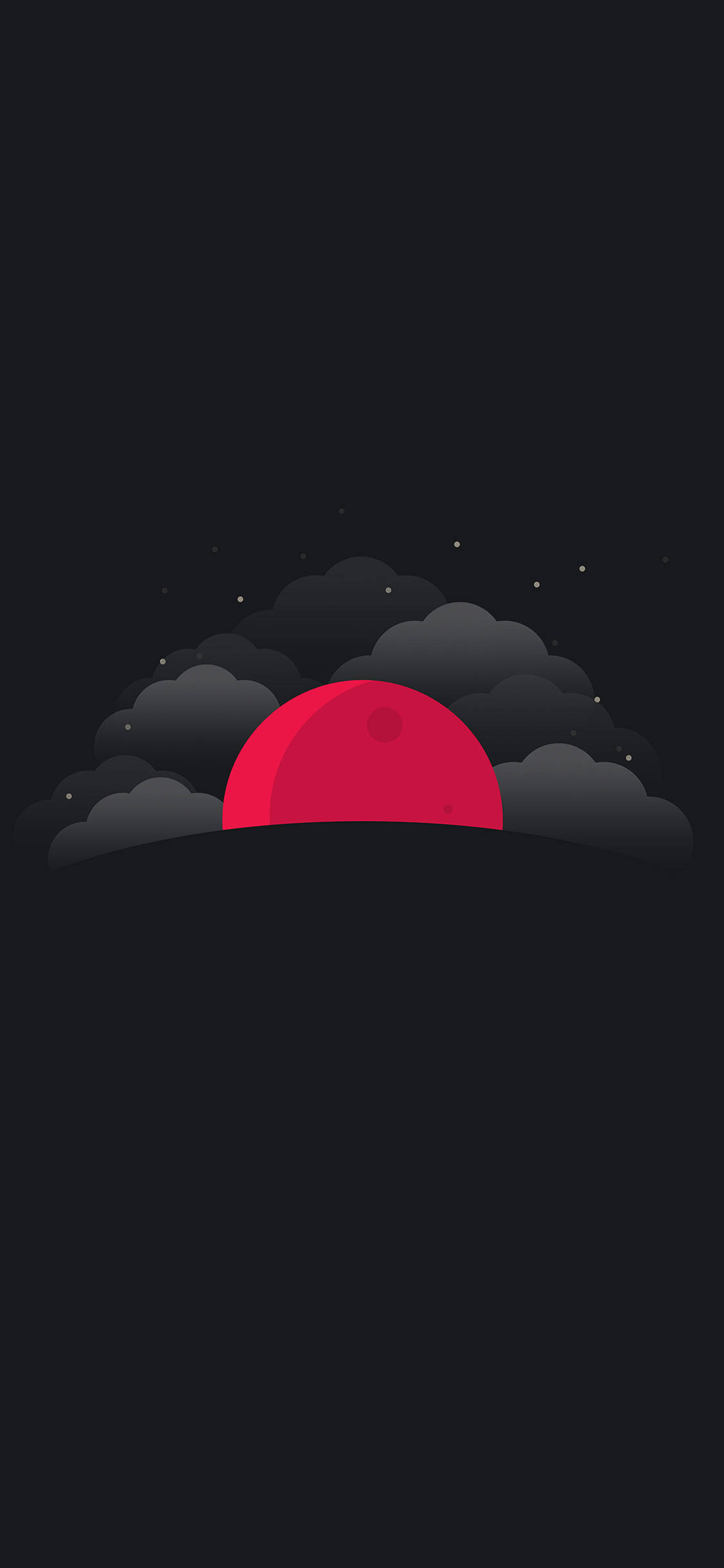 月光 桌布 壁紙 — 一輪極簡的紅日從黑暗的雲層後升起，背景是繁星點點的夜空。