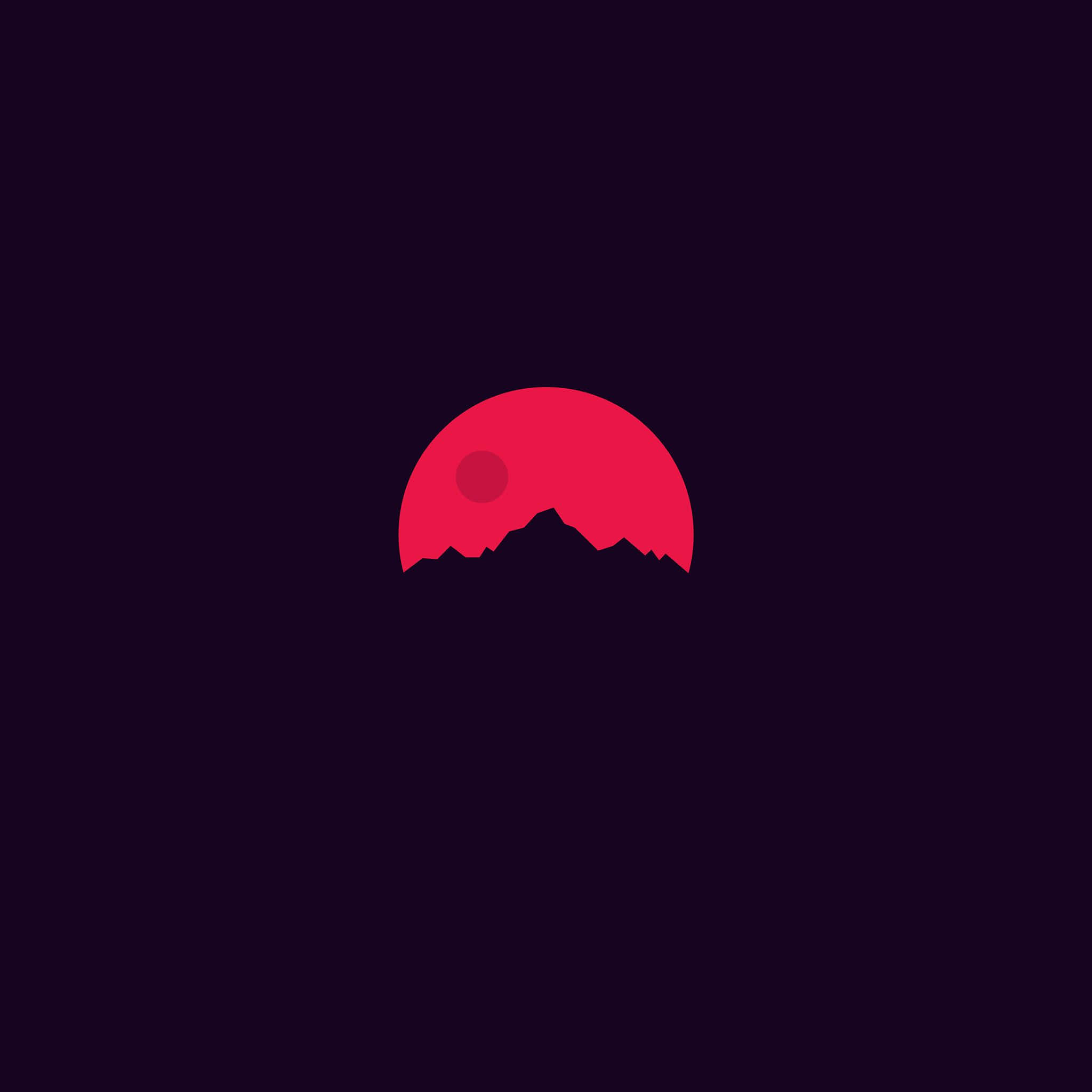 Minimal Art 桌布 壁紙 — 一輪極簡的紅日落在鋸齒狀山脈剪影後方，背景是深紫色天空。