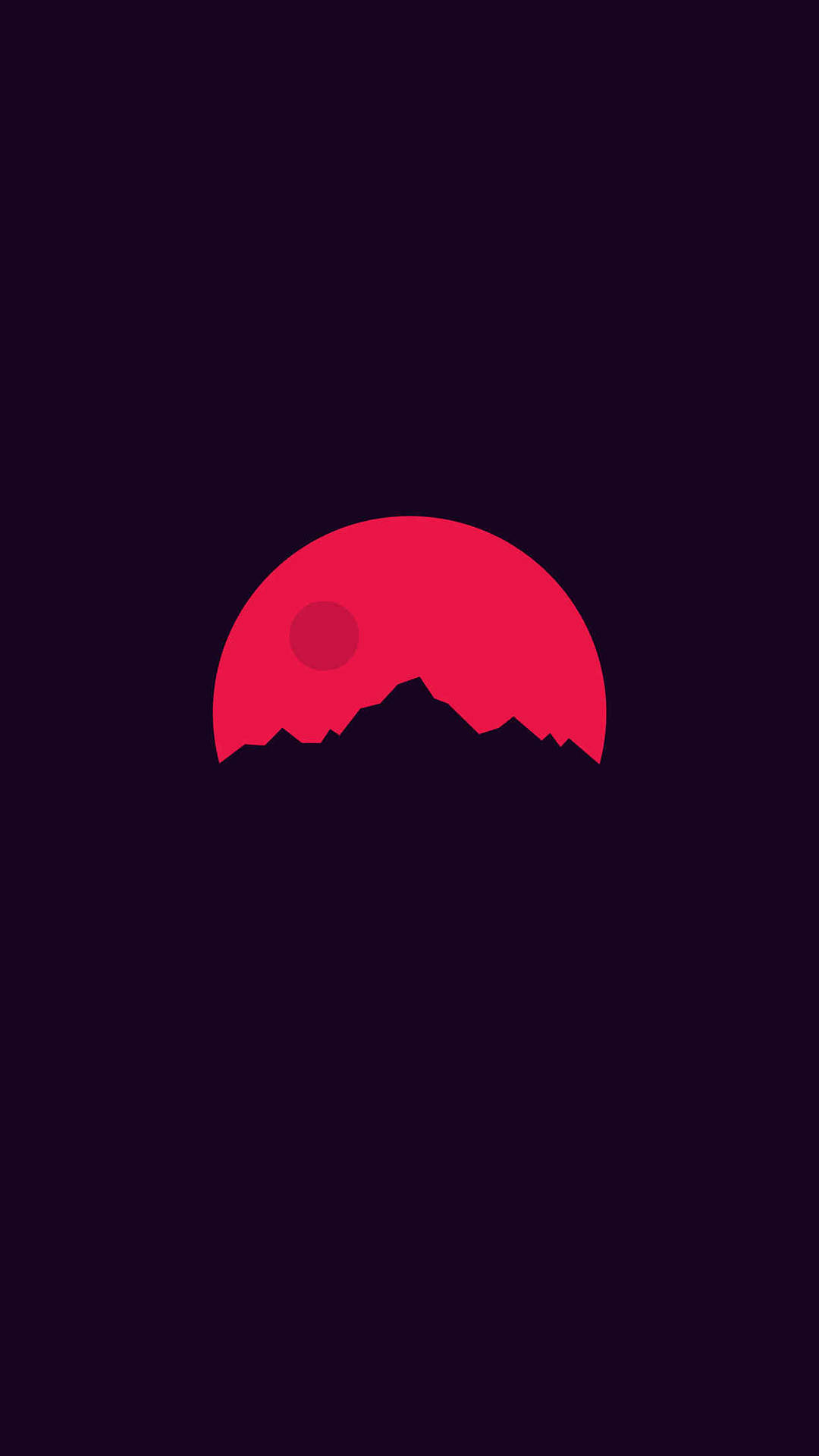 紅日落在山脈剪影後方，天空呈紫色。 — 簡約 Android 桌布 壁紙