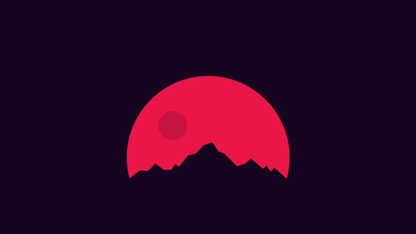 月夜星空 桌布 壁紙 — 一輪極簡風格的紅日落在鋸齒狀山脈剪影後方，襯著深紫色天空。