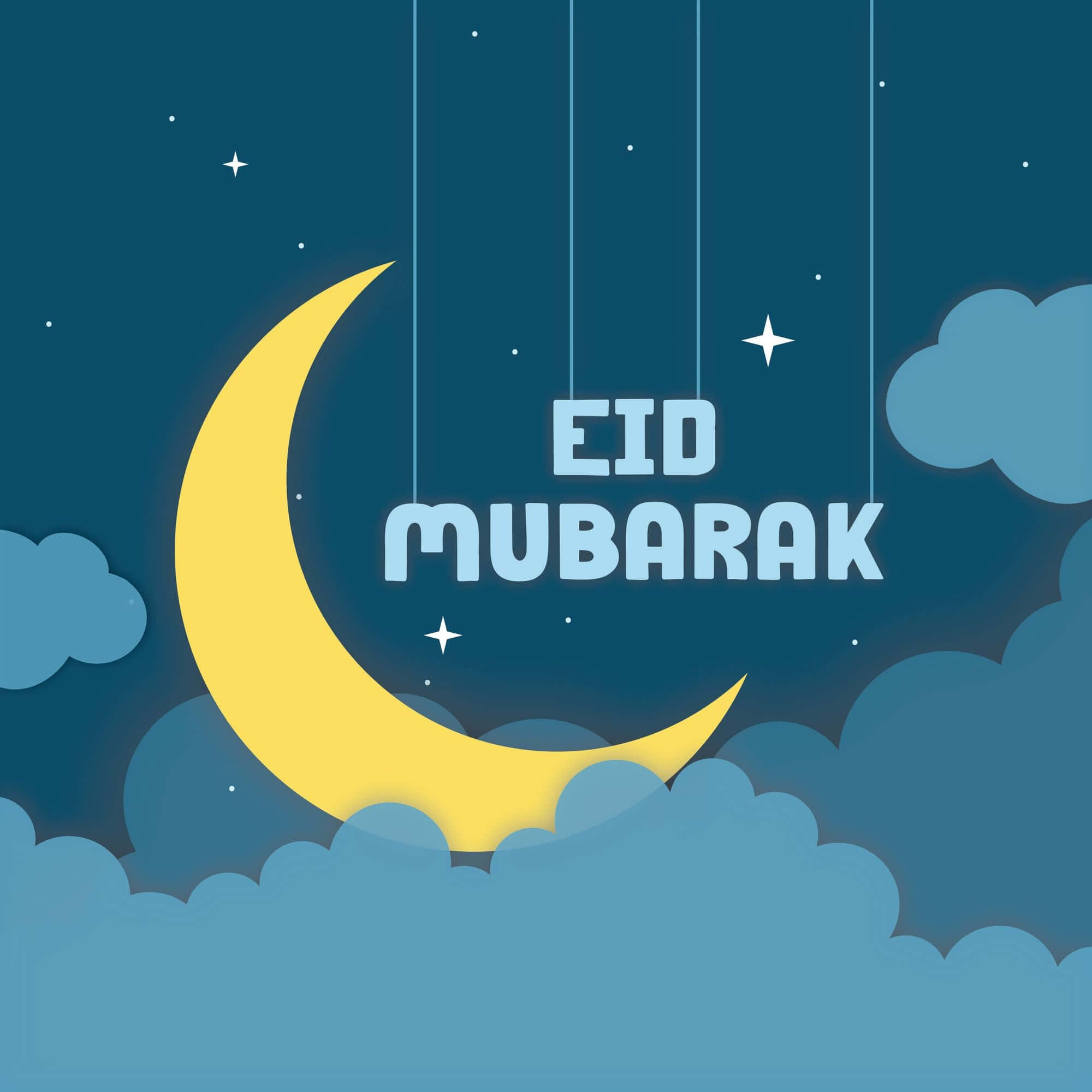 Eid Mubarak 桌布 壁紙 — 一輪歡快的黃色新月掛在 fluffy 雲朵上方，星空下寫著 'EID MUBARAK' 字樣。