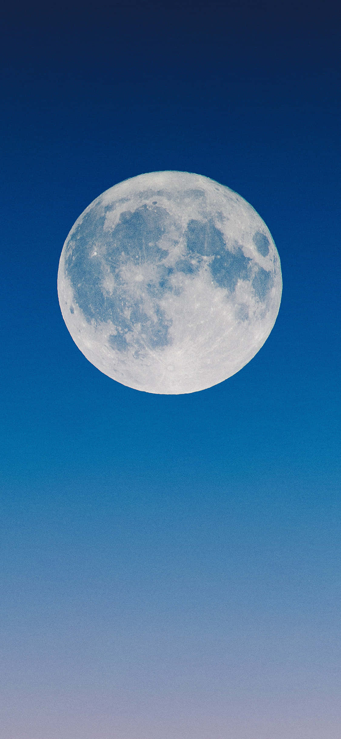 月夜星空 桌布 壁紙 — 一輪滿月，可見隕石坑和月海，懸掛在漸變藍色的天空中。