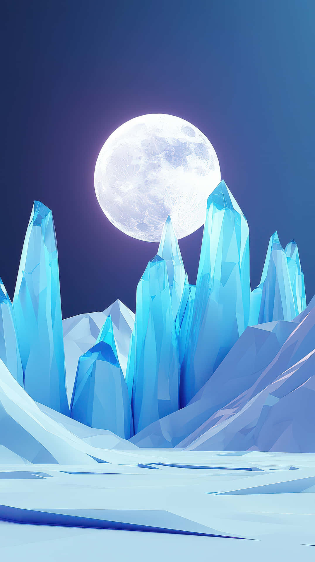 Towering, glowing blue ice formations stand under a bright full moon 壁紙 — 一輪滿月在深藍色天空下，在風格化的冰天雪地中，照耀在尖銳的藍色水晶尖塔之上。