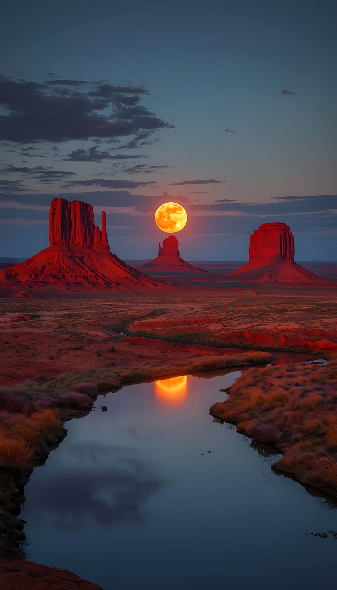 Monument Valley Moonrise Reflection 壁紙 — 一輪滿月橙月從紅色岩石山丘後升起，在暮色中將熾熱的光芒投射在沙漠河流上。