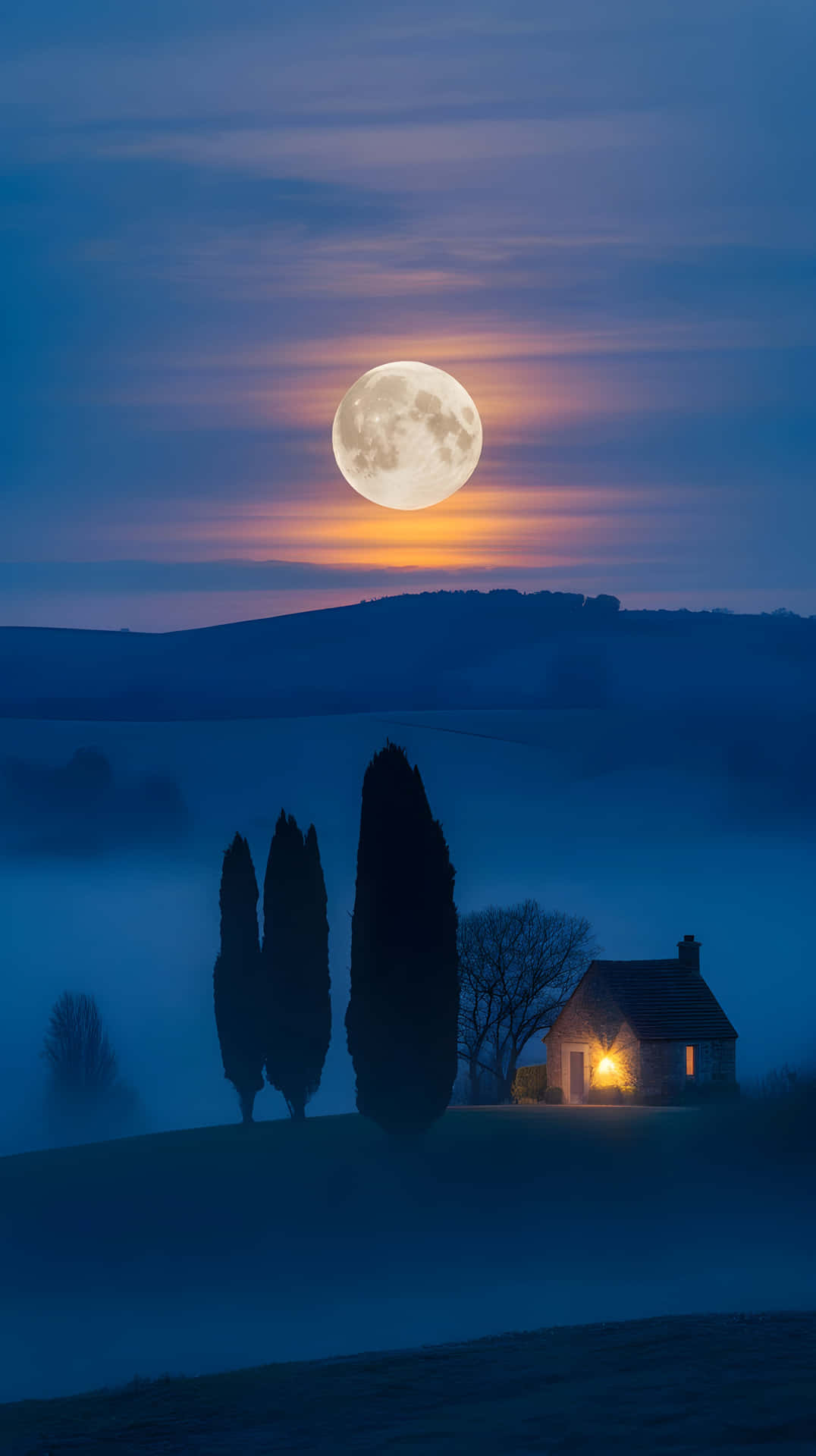 Full Moon Illuminating a Foggy Countryside 壁紙 — 一輪滿月照耀著霧氣瀰漫的山谷，一間孤獨的小屋帶著溫暖的燈光坐落在高大的柏樹旁。