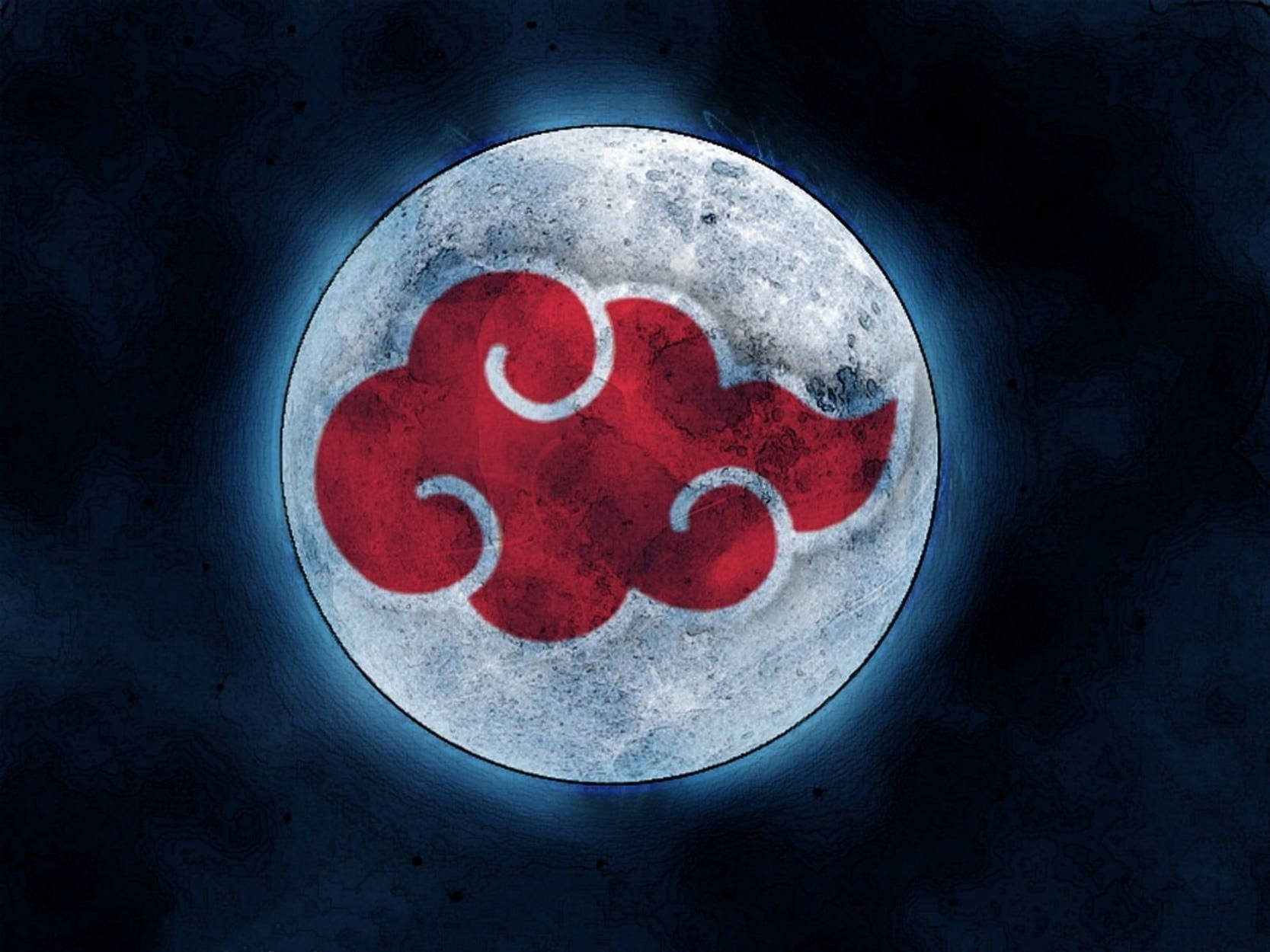 Moon Aesthetic 桌布 壁紙 — 一輪滿月發出紅雲標誌的光芒，在深藍色的夜空中有微弱的發光光環。