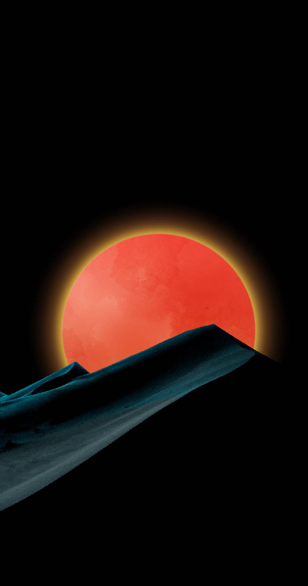  壁紙 — 一輪火紅的太陽在黑色天空下的黑暗山脊後發光。