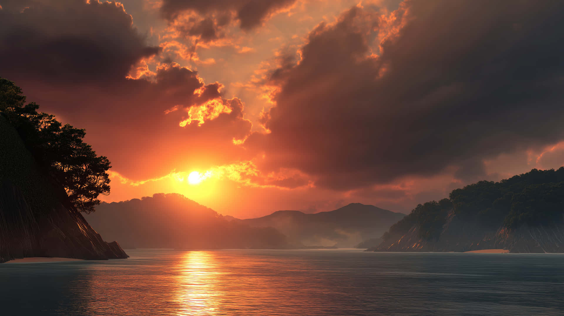 Tropical Dawn: Sun-kissed Sea Between Lush Mountains 壁紙 — 一輪熾熱的夕陽在烏雲後發光，照耀著平靜的海灣，兩旁是樹木繁茂的懸崖和遠山。