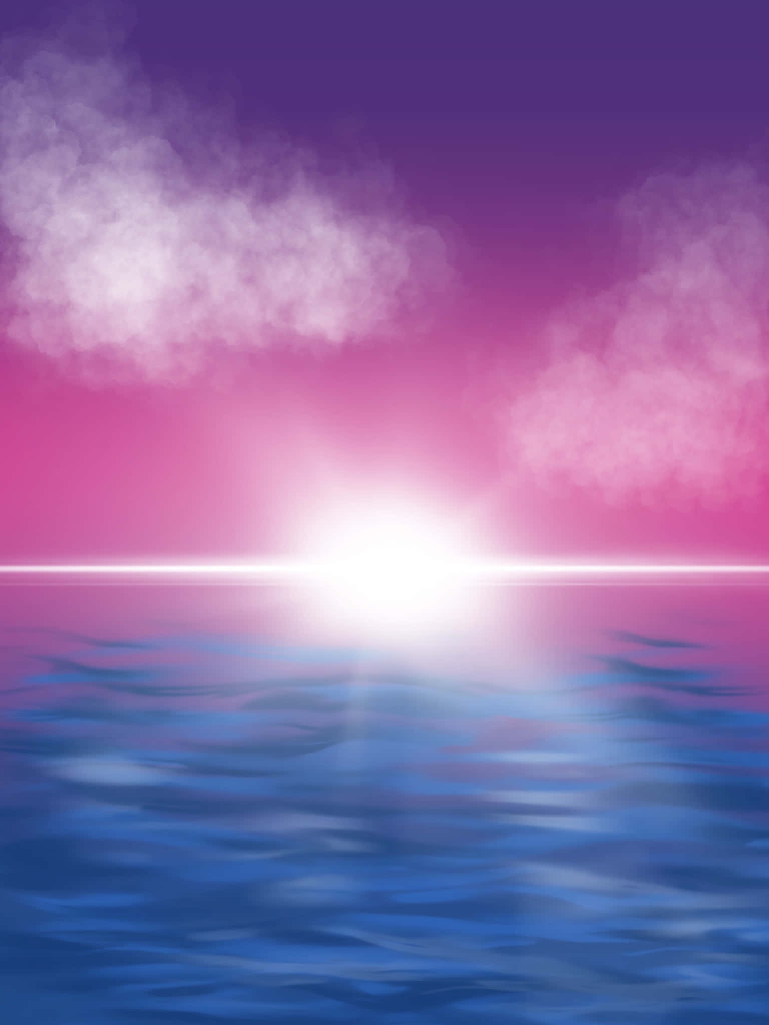 Bisexual 桌布 壁紙 — 一輪燦爛的太陽在平靜的海洋上落下，反射出粉紅、紫色和藍色的色調，上方有柔軟的雲朵。