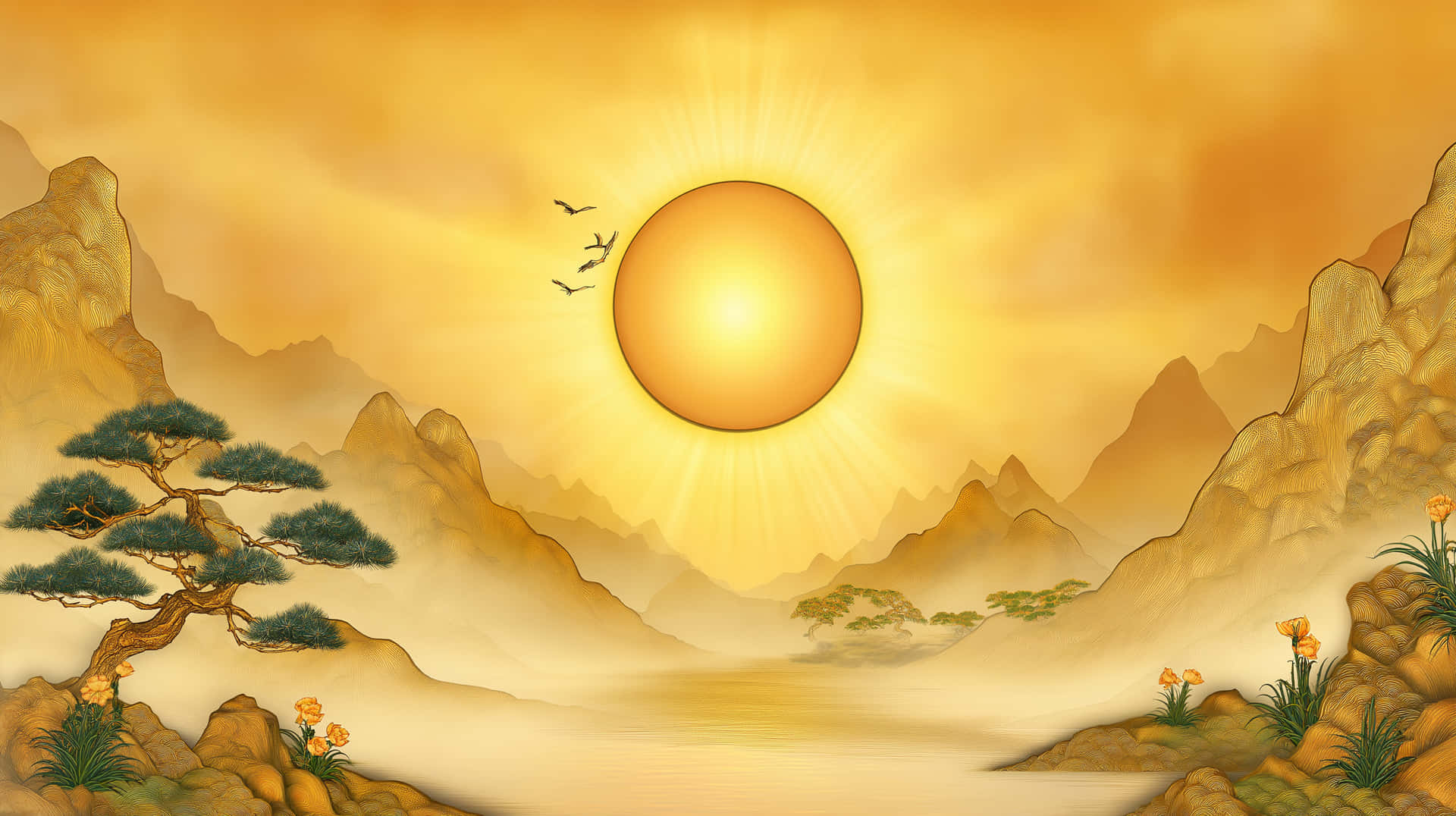 Radiant Golden Landscape with Mountains and Sun 壁紙 — 一輪燦爛的金色太陽在霧氣繚繞的山巒上升起，前景有一棵孤獨的松樹和橙色花朵。