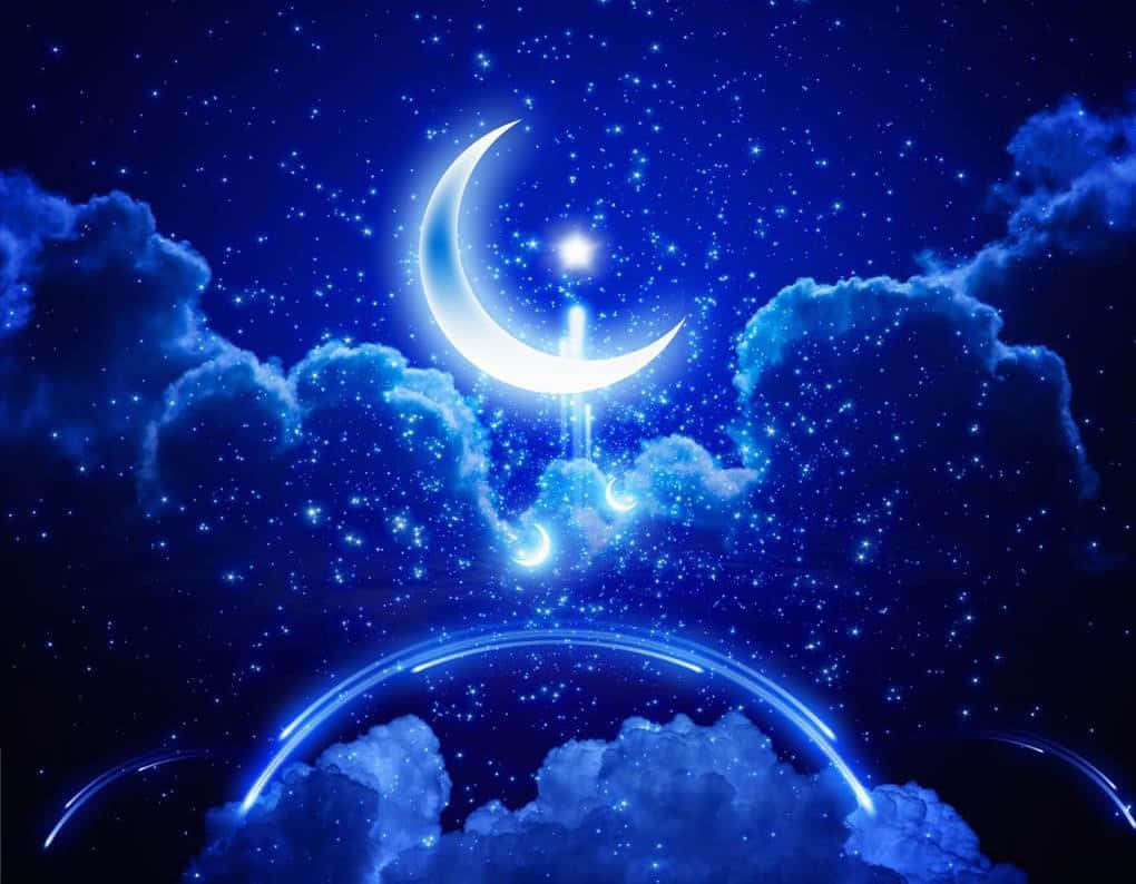 Pretty Moon 桌布 壁紙 — 一輪發光的彎月和閃耀的星星穿透發光的藍色雲層，在繁星點點的夜空下。