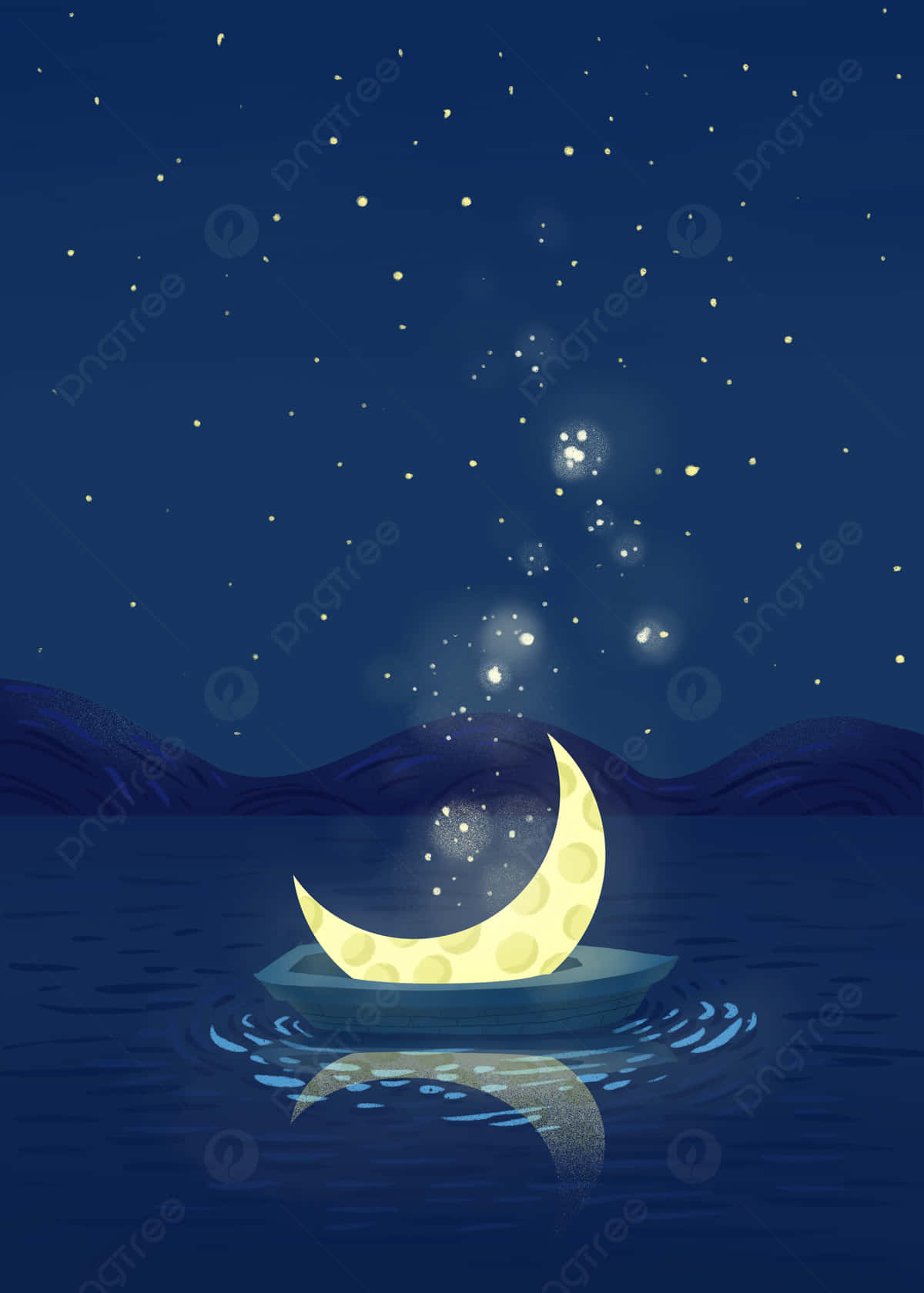 Night Time 桌布 壁紙 — 一輪發光的彎月寧靜地漂浮在平靜水面上的小船中，下方是繁星點點的夜空。