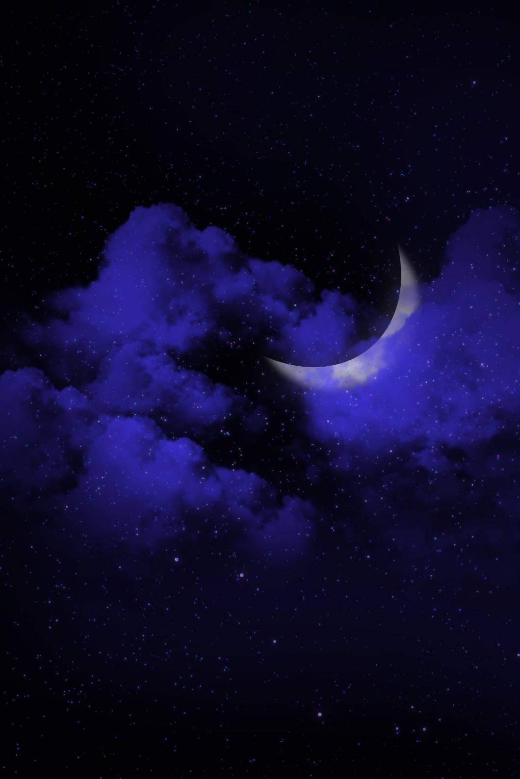夜空 桌布 壁紙 — 一輪發光的彎月從充滿活力的紫色雲層中窺視，映襯著繁星點點的夜空。