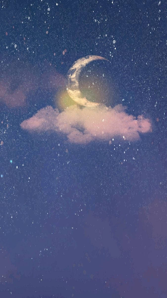 太陽與月亮 桌布 壁紙 — 一輪發光的彎月從柔和的粉紅雲層中探出頭來，映襯著星光閃爍的暮色天空。