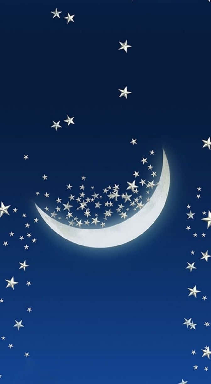 Moon And Stars iPhone 桌布 壁紙 — 一輪發光的彎月懷抱著一串閃爍的星星，映襯著深邃的靛藍夜空。