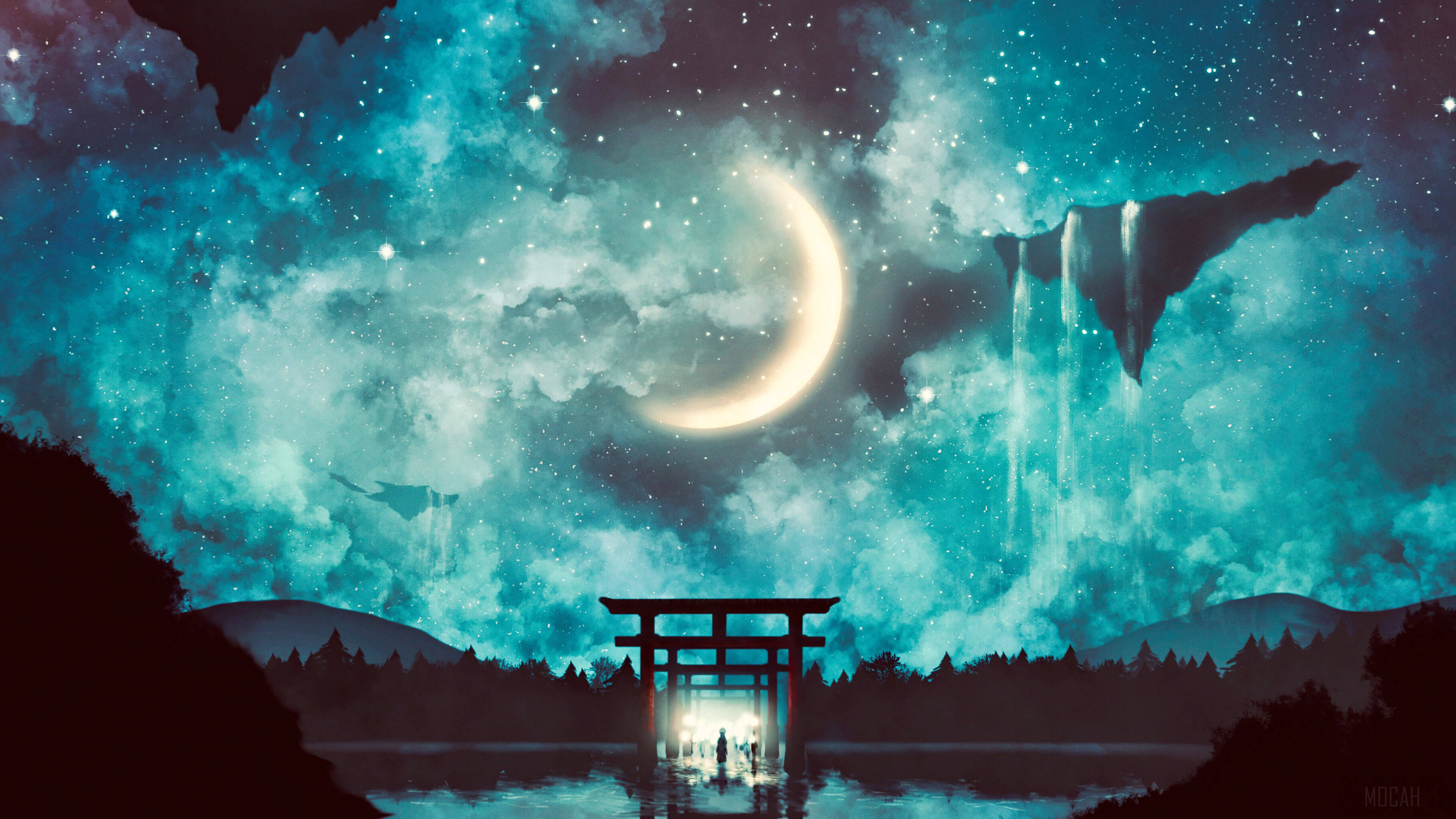 Anime Scenery 4K 桌布 壁紙 — 一輪發光的彎月懸掛在寧靜的湖面上，傳統的日本鳥居在繁星點點的藍綠色天空襯托下形成剪影。