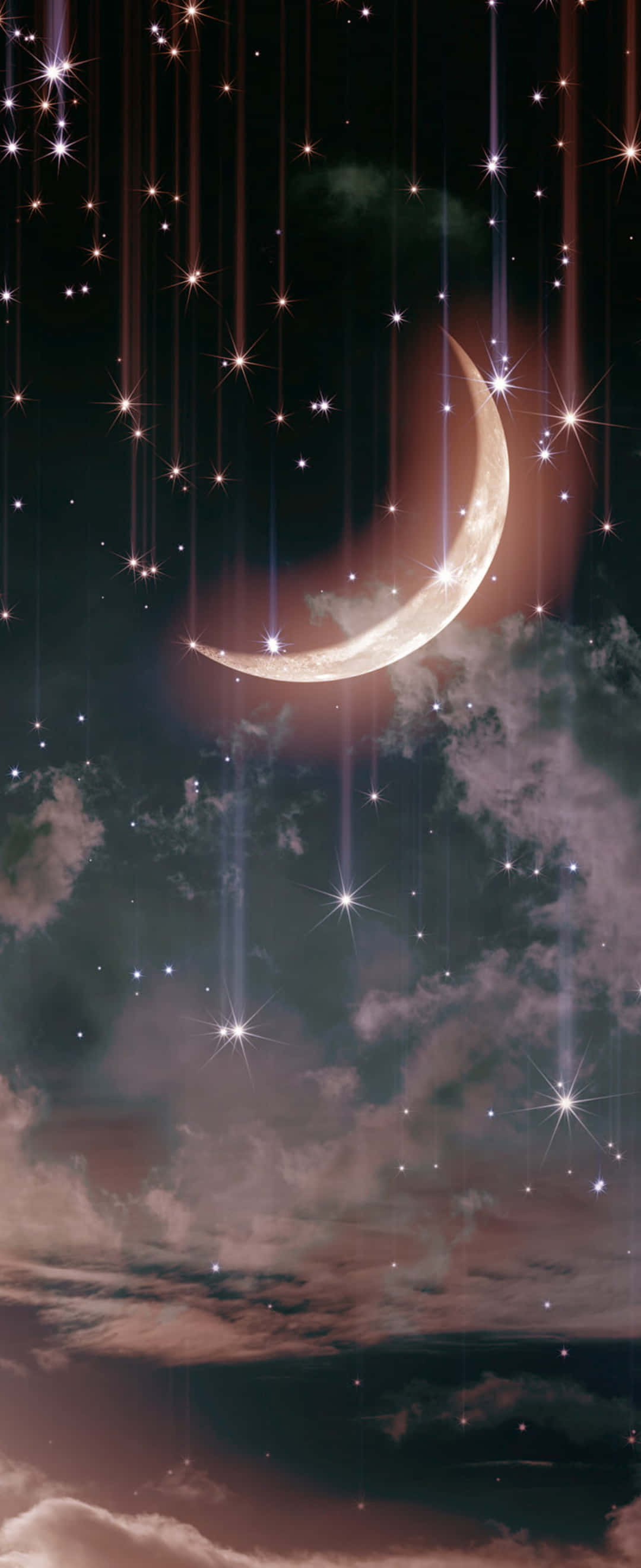 1080x2640 桌布 壁紙 — 一輪發光的彎月懸掛在暮色天空中，燦爛的星星像墜落的閃粉般穿過柔軟的雲層傾瀉而下。