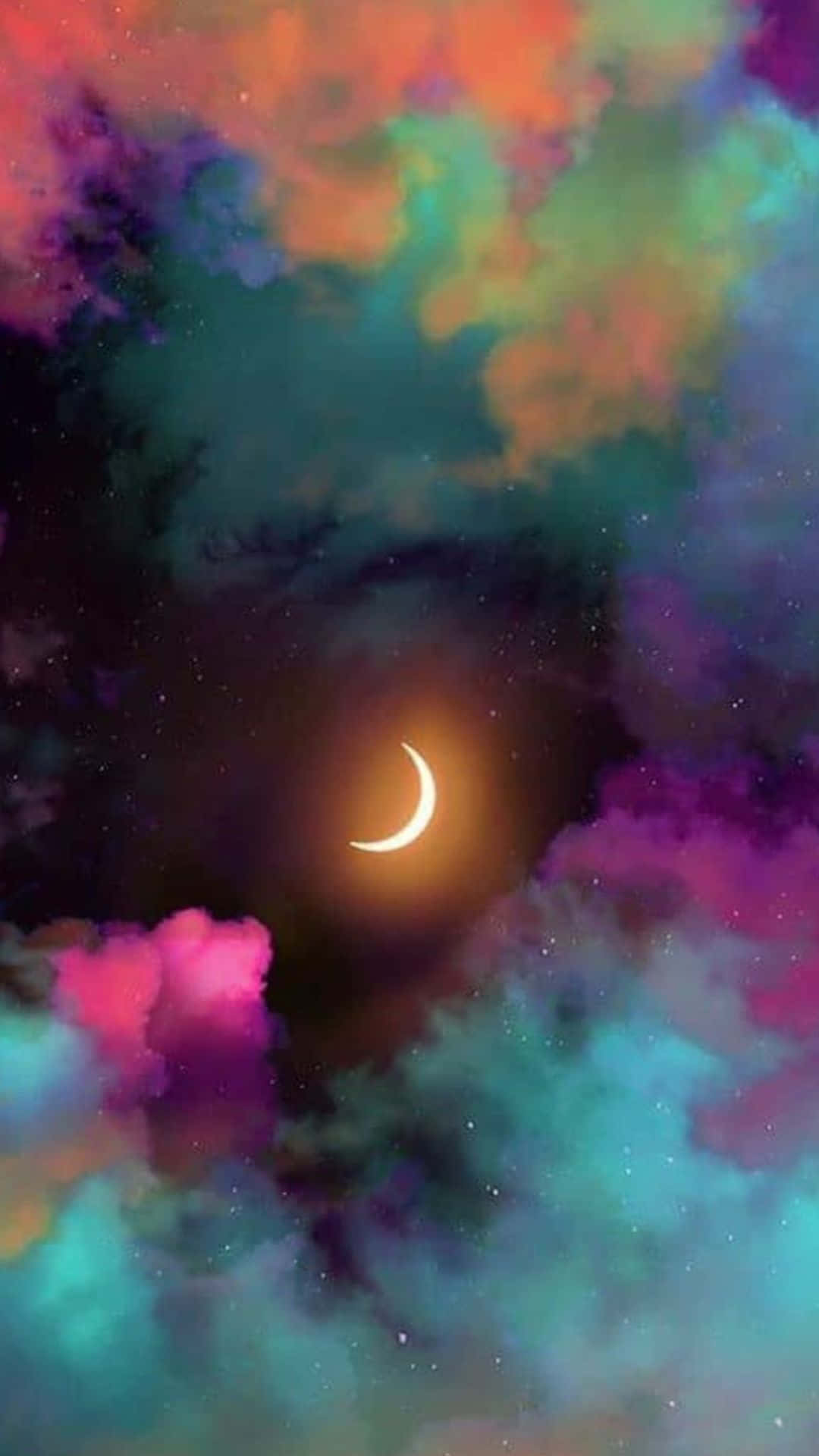 Trippy Sky 桌布 壁紙 — 一輪發光的彎月穿過充滿活力的宇宙雲層，在夢幻般的多彩夜空中閃耀。