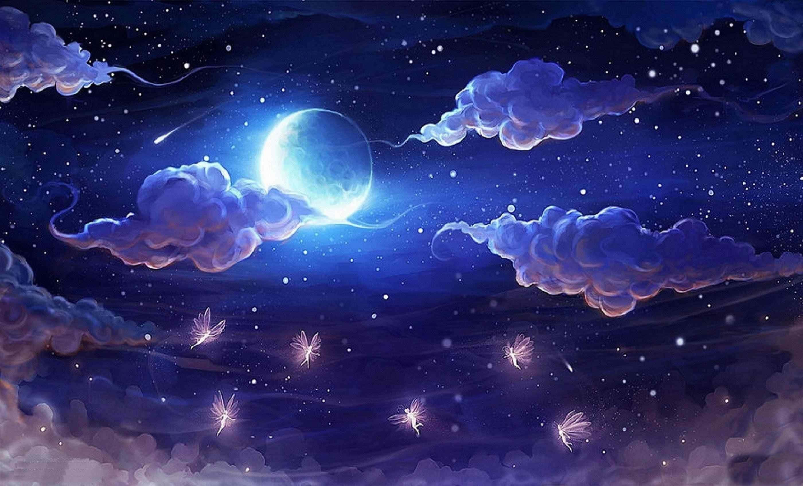 月光 桌布 壁紙 — 一輪發光的彎月穿過旋轉的紫色雲層閃耀，發光的螢火蟲在夢幻夜空中的星星間起舞。