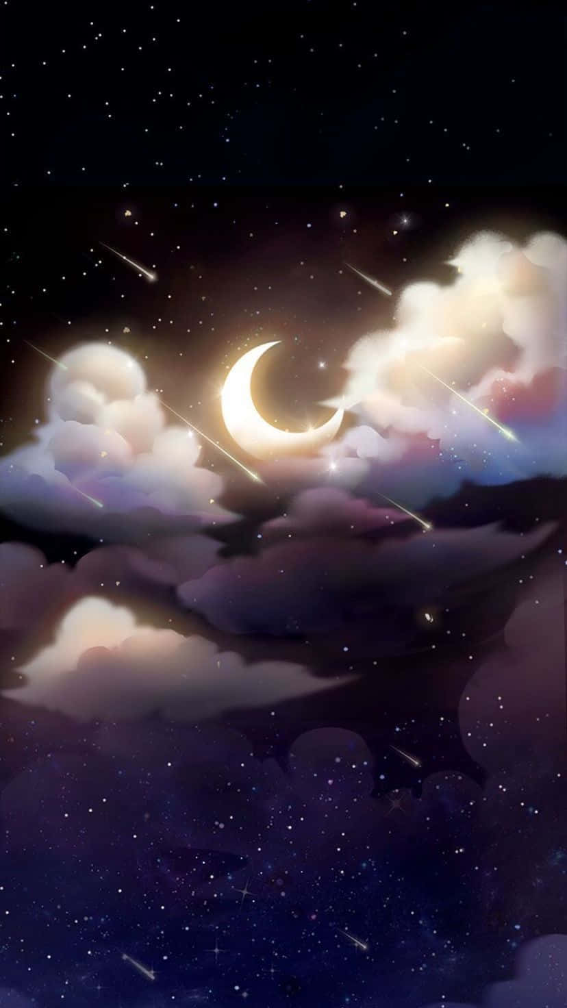 桌布 壁紙 — 一輪發光的彎月透過柔軟的雲層閃耀，流星劃過繁星點點的夜空。