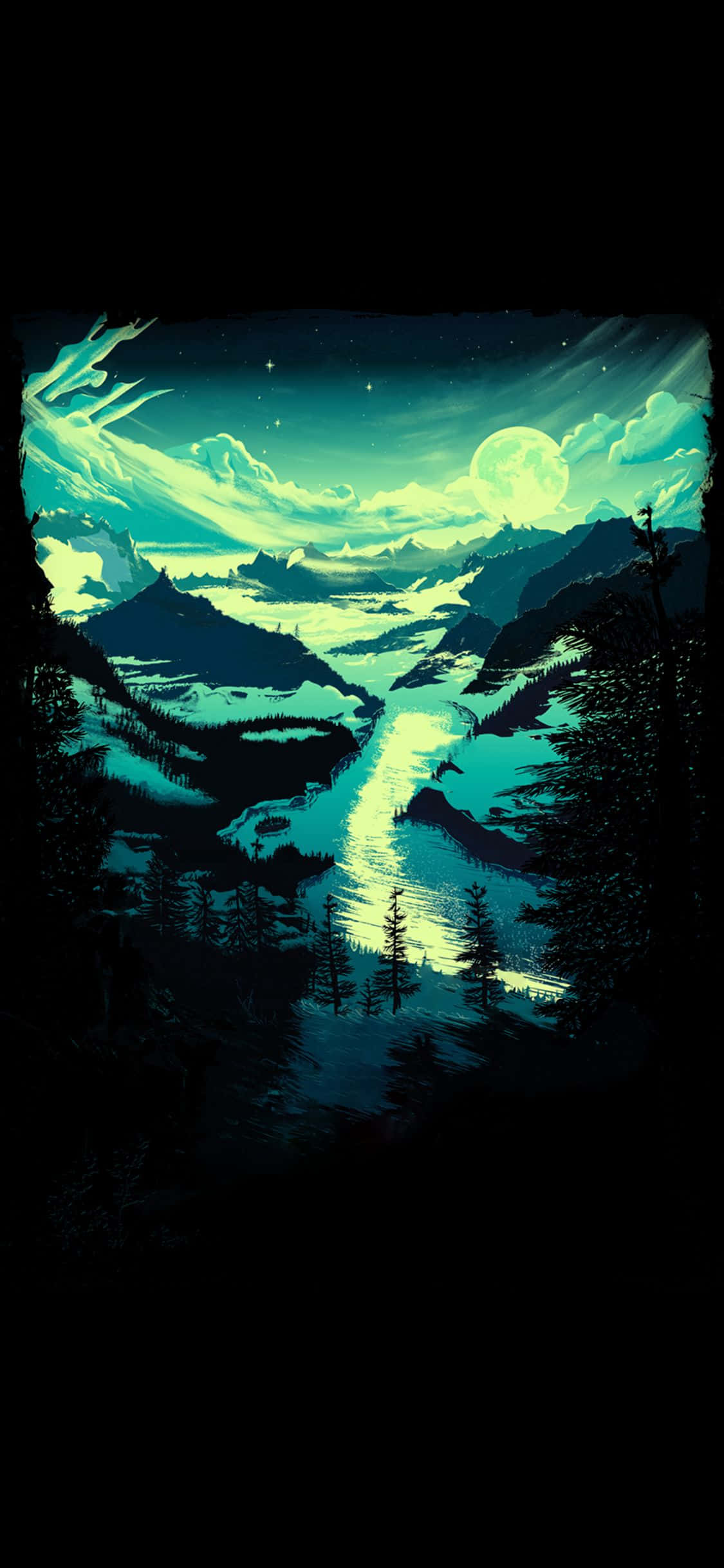 月光照耀的山谷，發光的河流和星空 — iPhone 14 壁紙