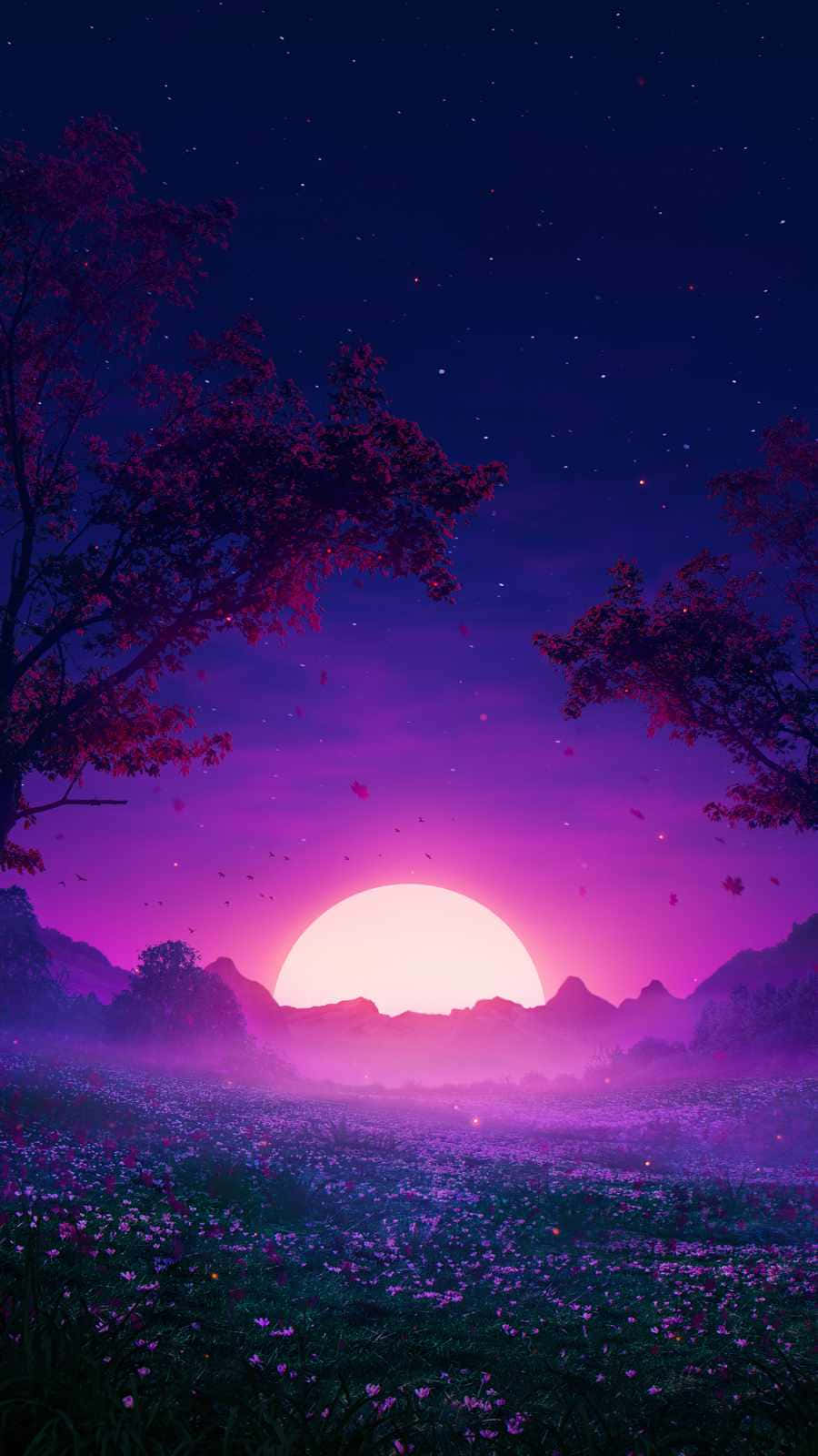 Sunrise iPhone 桌布 壁紙 — 一輪發光的粉紅月亮在霧氣瀰漫的紫色山巒上升起，被剪影樹木環繞，下方是星光夜空下閃爍花朵的原野。