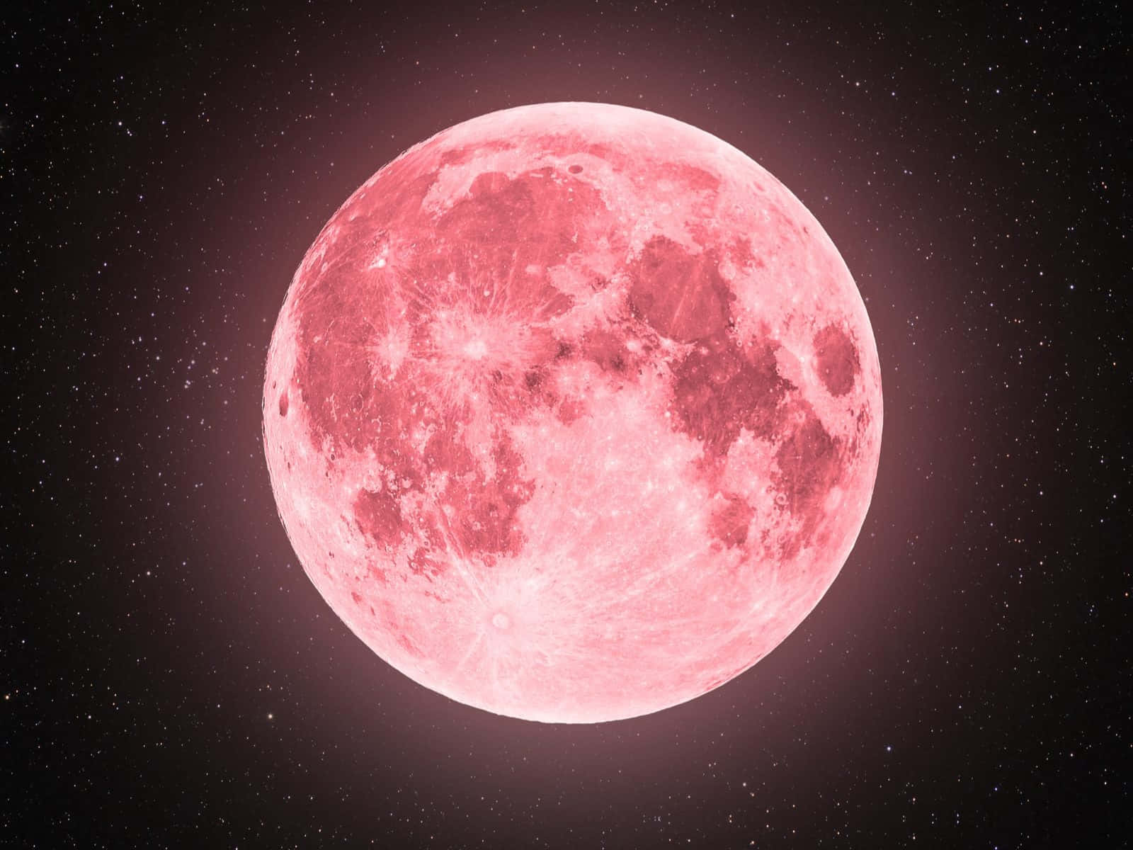 Pink Moon 桌布 壁紙 — 一輪發光的粉紅色滿月主宰著繁星點點的夜空，邊緣柔和發光。
