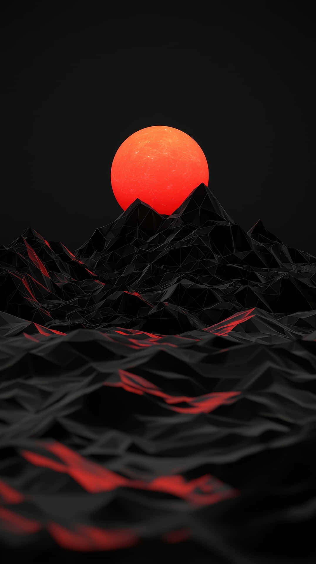 Low-poly black mountains under a glowing red moon 壁紙 — 一輪發光的紅日從鋸齒狀的黑色山脈上升起，前景有紅色發光的裂縫。